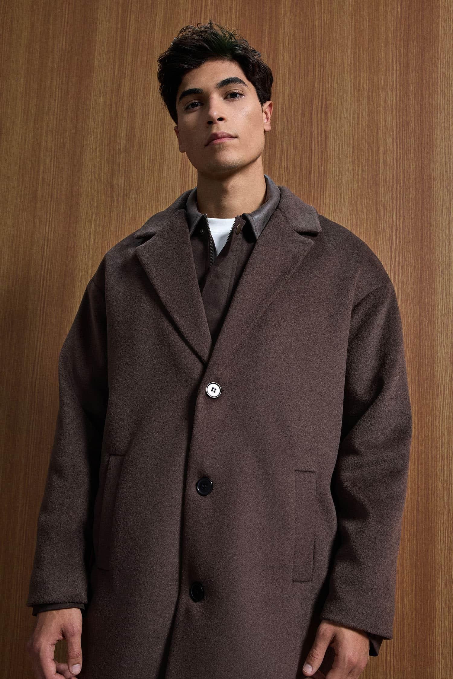 Erkek Oversize Uzun İtalyan Kaşe Kaban Koyu Kahve