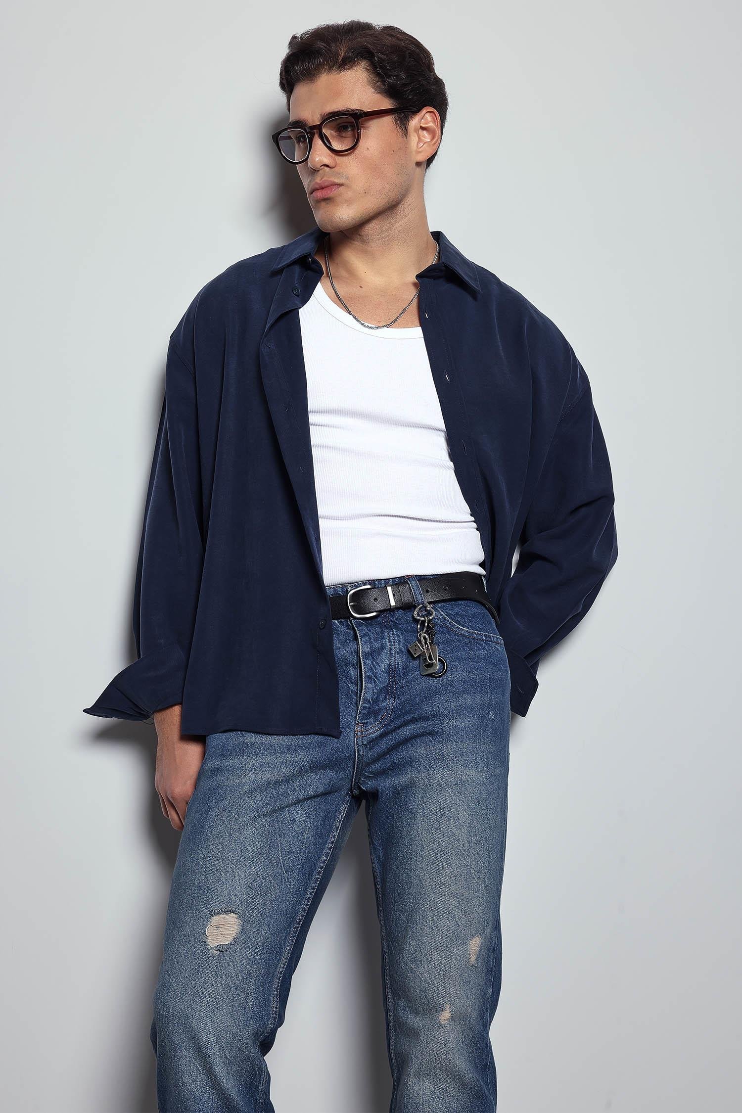 Erkek Oversize Uzun Kollu Basic Gömlek Lacivert