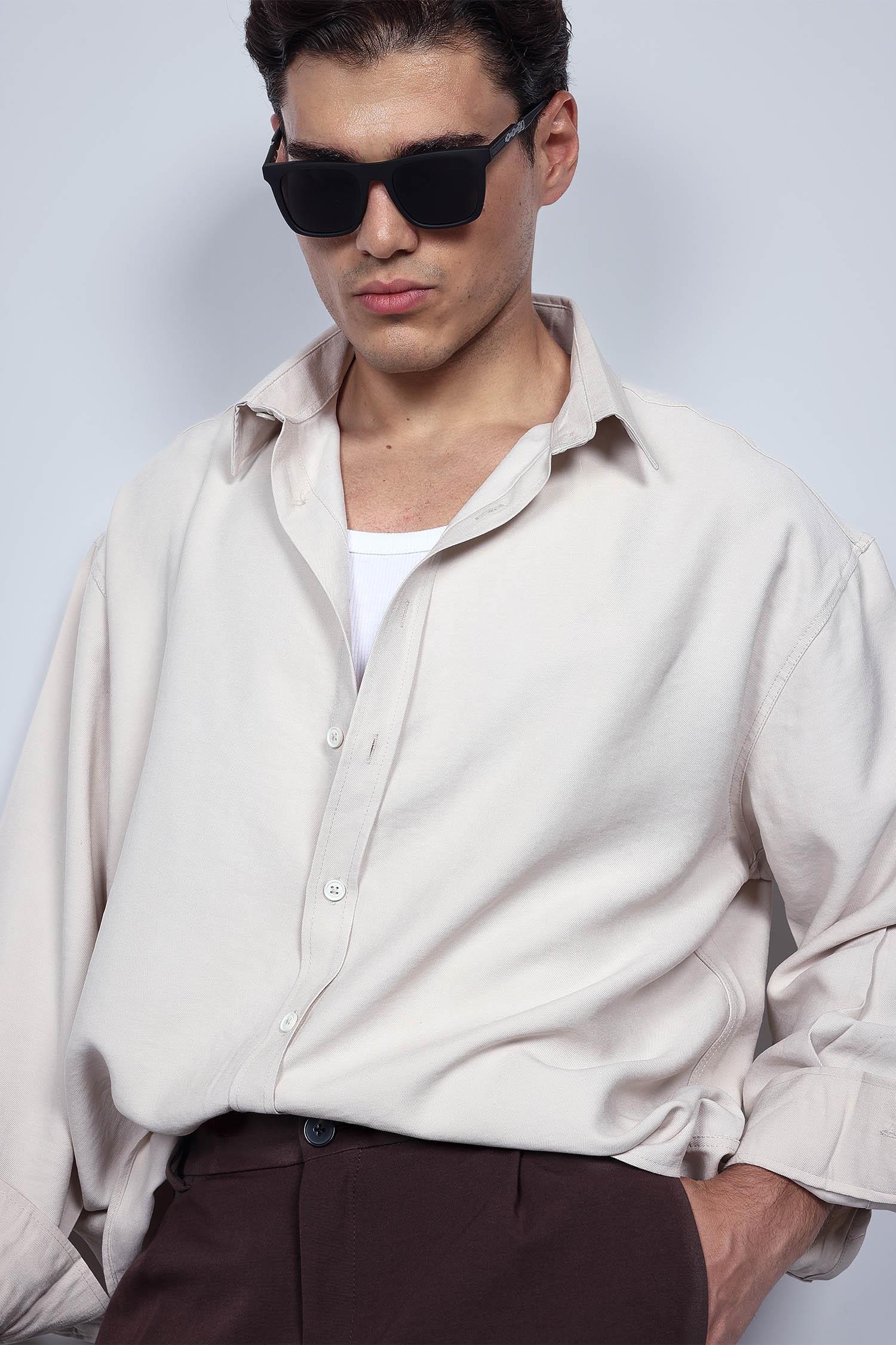Erkek Oversize Uzun Kollu Basic Gömlek Bej