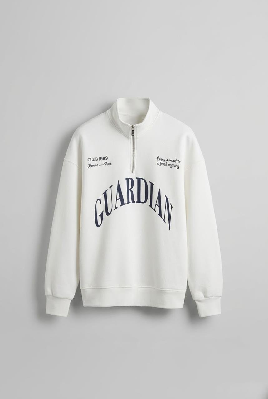 Erkek Oversize Yarım Fermuarlı Dik Yakalı Baskılı Sweatshirt Ekru