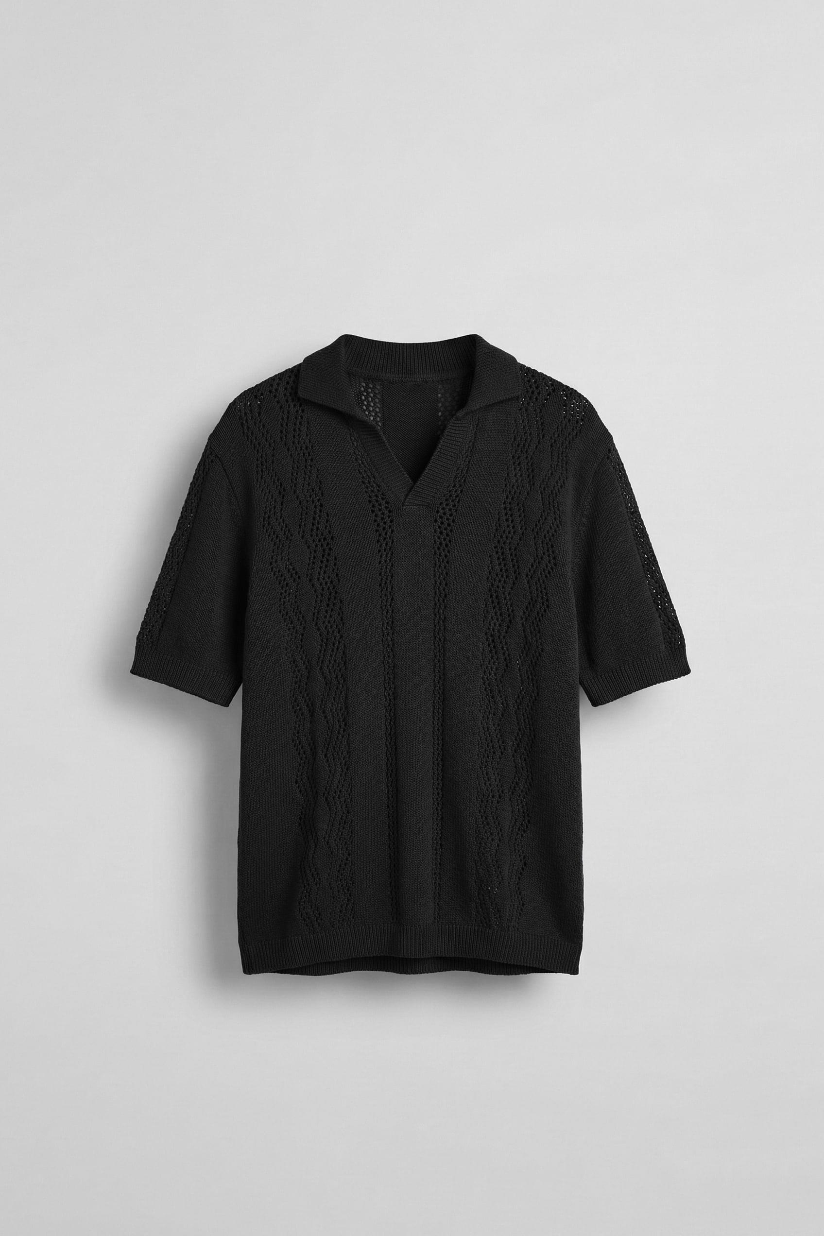 Erkek Oversize Yarım Pat Gömlek Yaka Desenli Örme T-Shirt Siyah