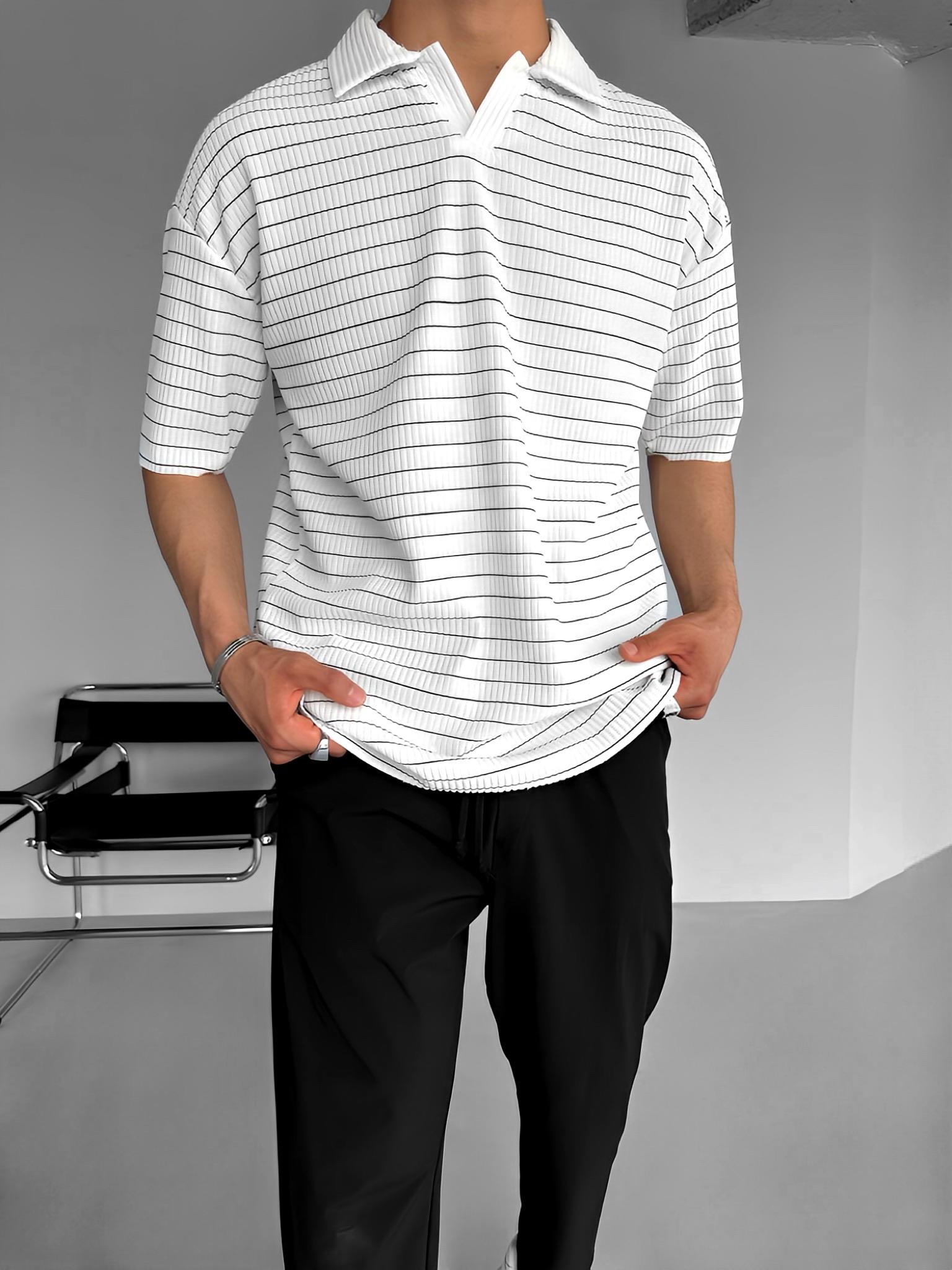 Erkek Oversize Yarım Pat Polo Yaka Çizgili T-Shirt Beyaz