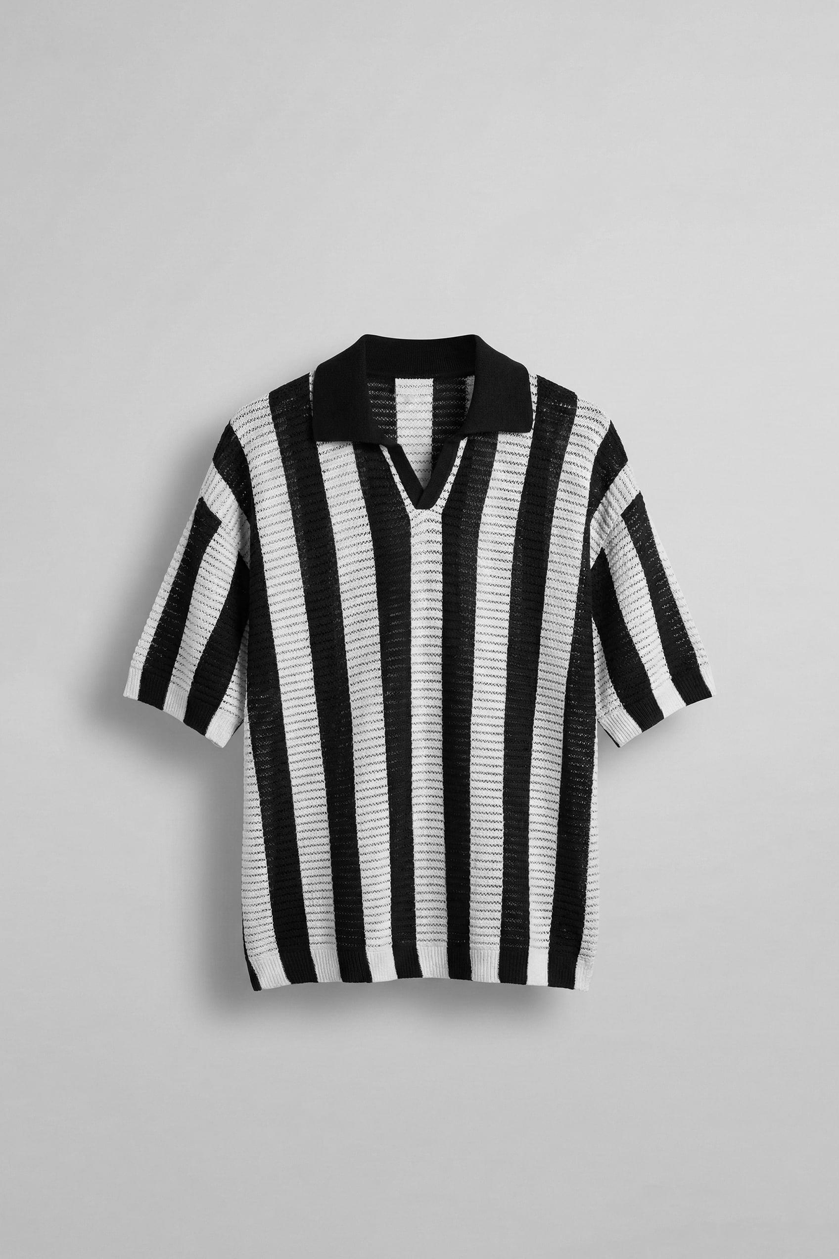 Erkek Oversize Yarım Pat Yaka Fileli Triko T-Shirt Siyah