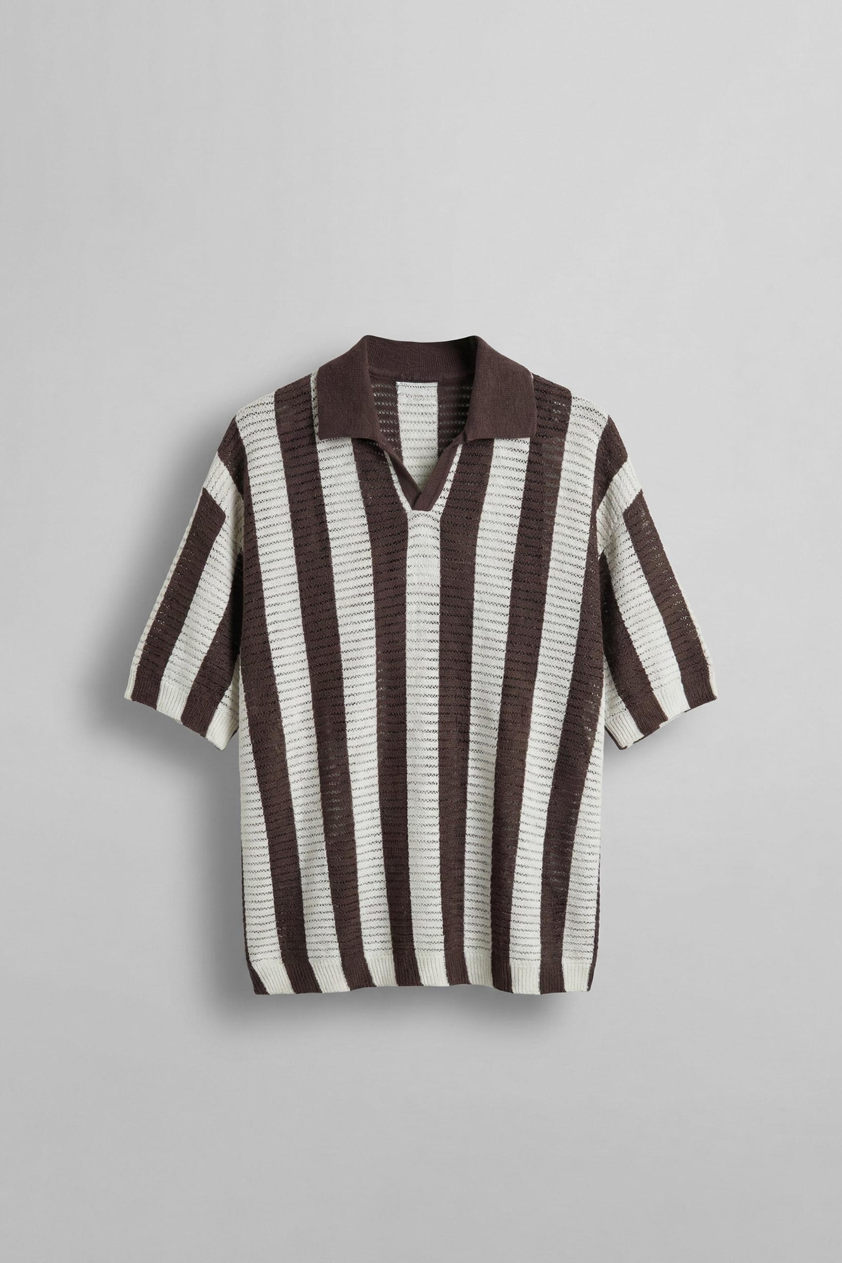 Erkek Oversize Yarım Pat Yaka Fileli Triko T-Shirt Kahverengi