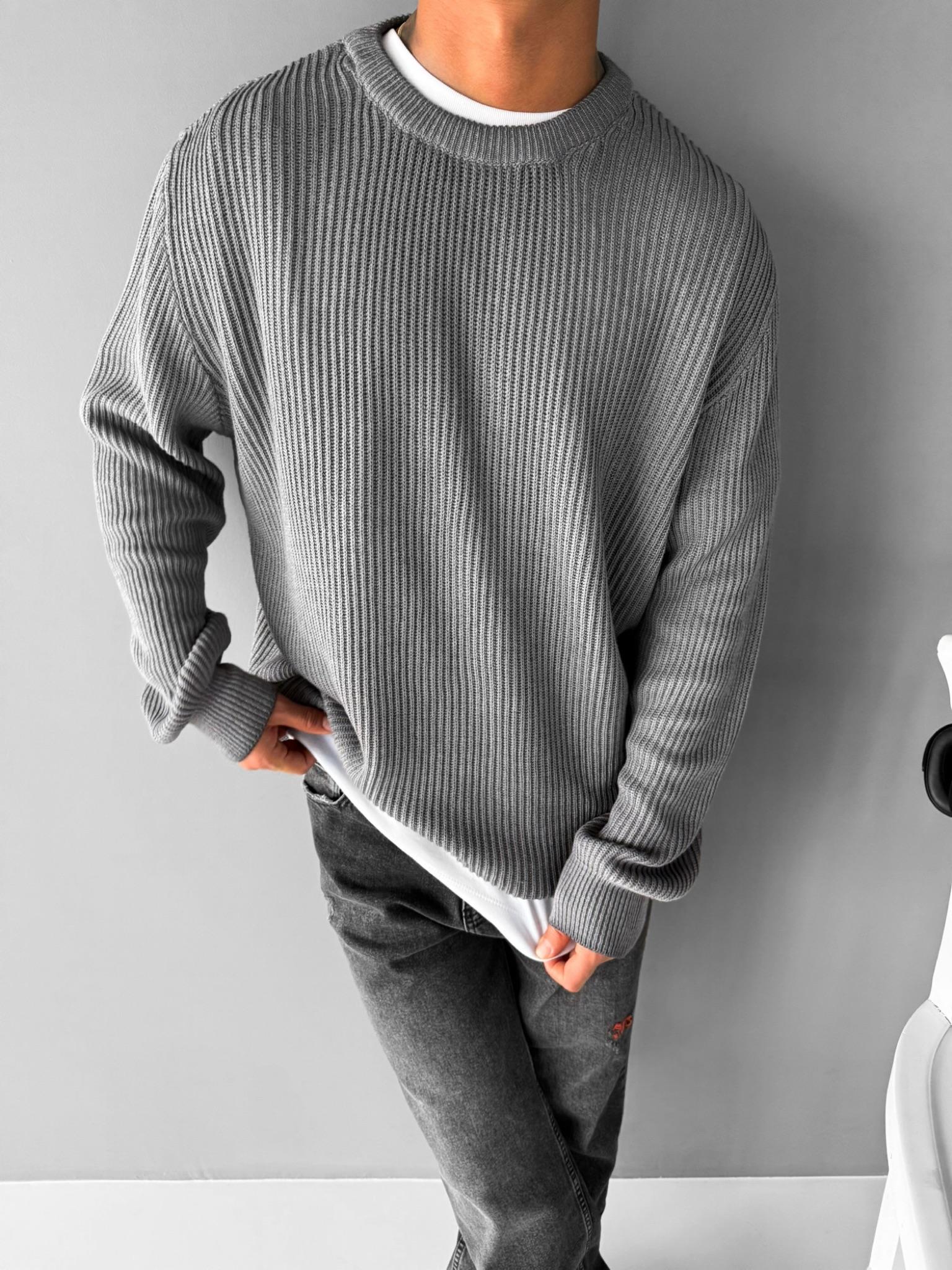 Erkek Oversize Yıkamalı Basic Kazak Gri