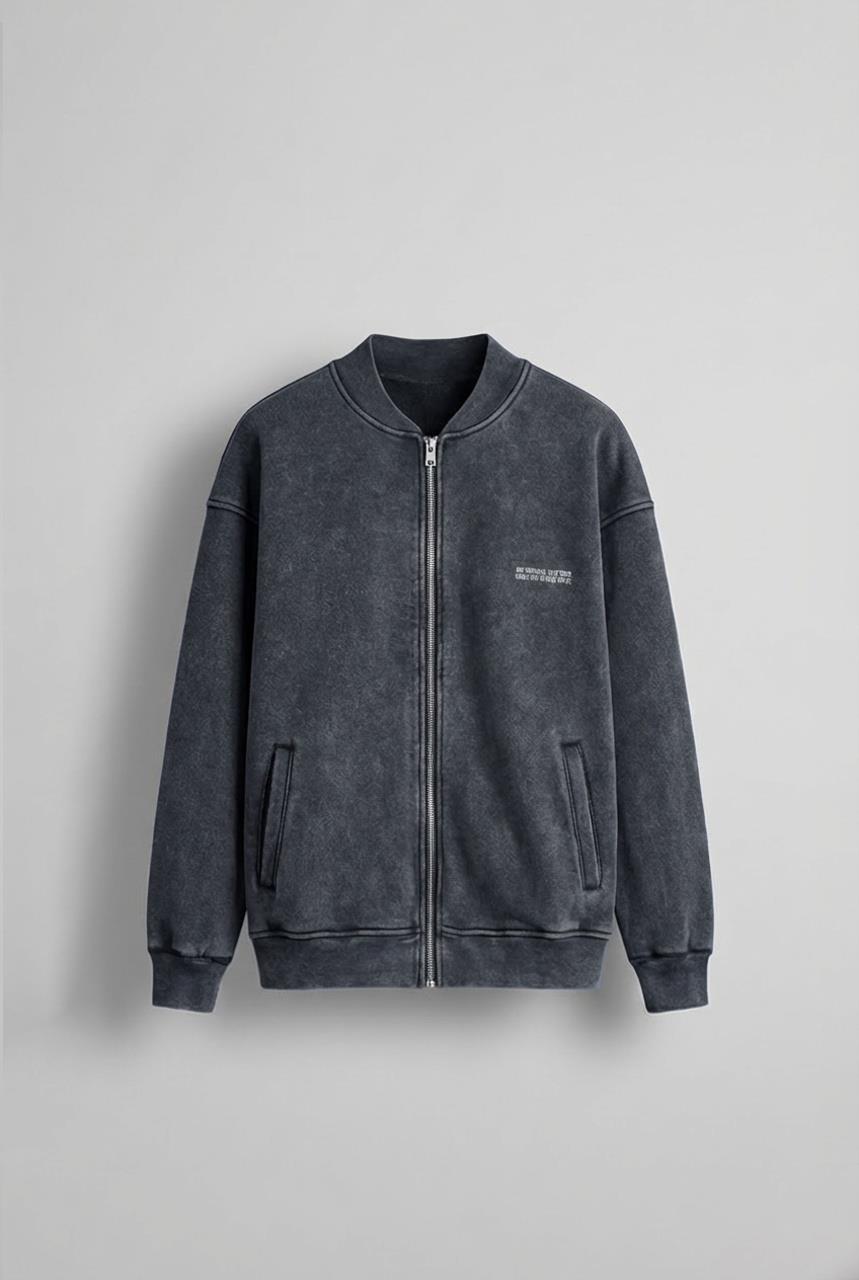 Erkek Oversize Yıkamalı Fermuarlı Sweatshirt Siyah