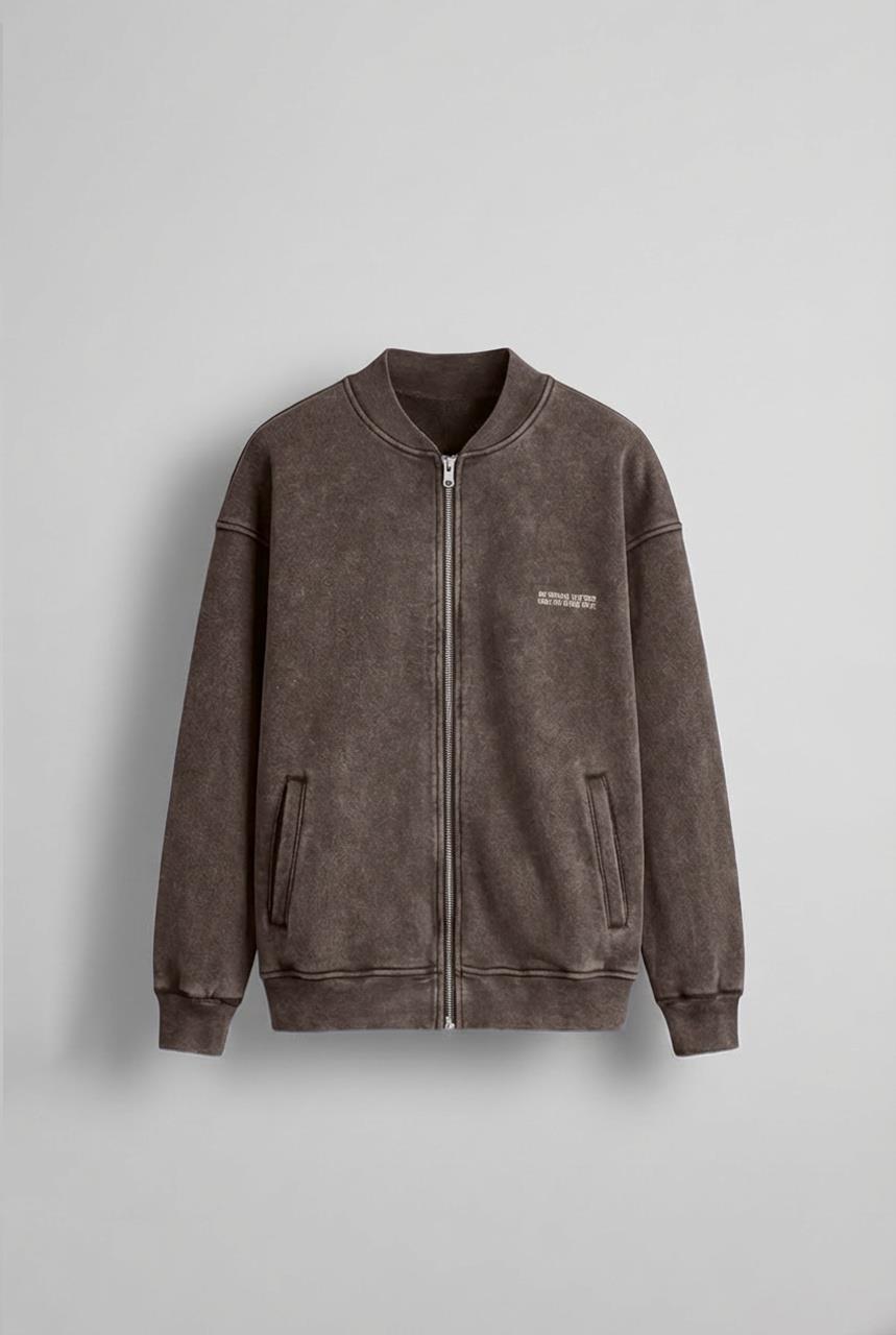 Erkek Oversize Yıkamalı Fermuarlı Sweatshirt Kahverengi