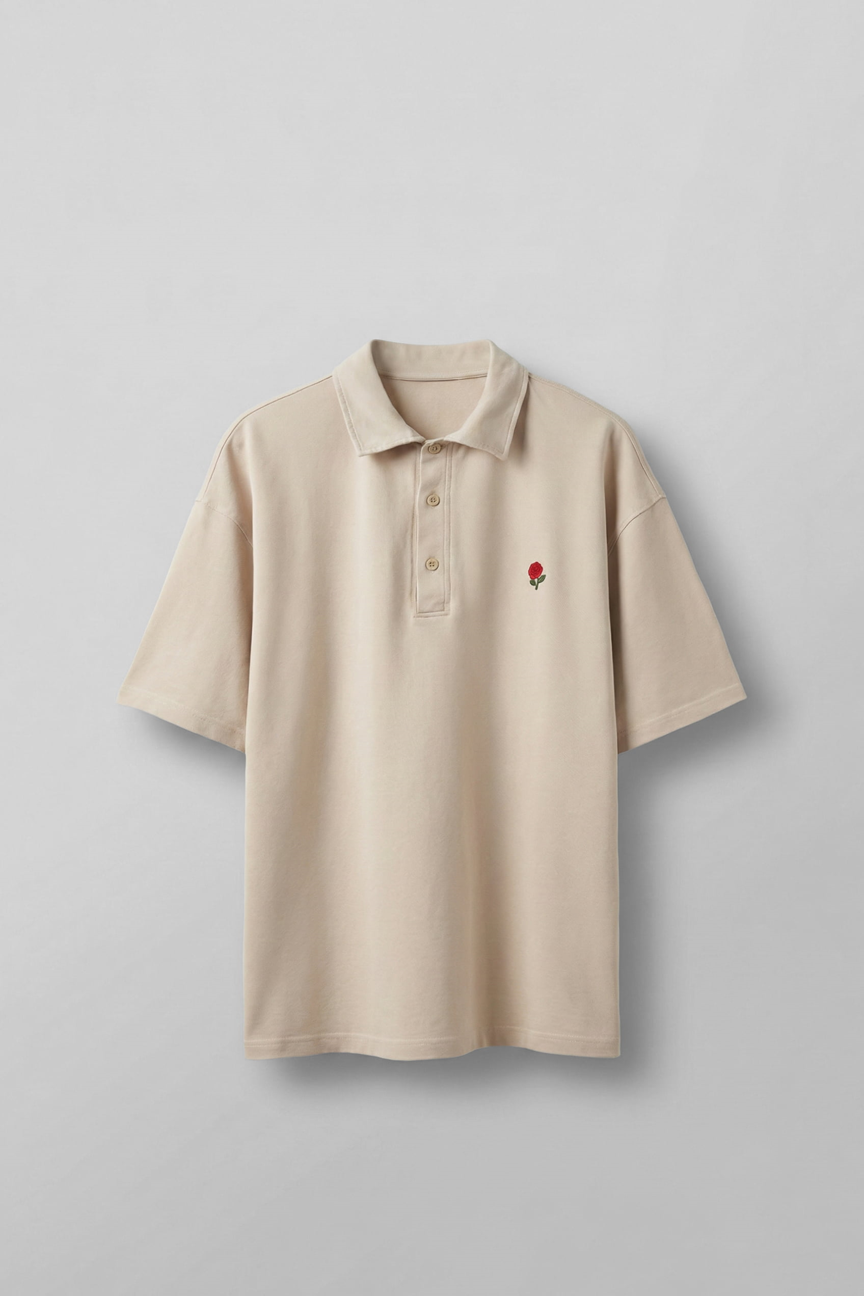 Erkek Oversize Yıkamalı Gül Nakışlı Polo Yaka T-Shirt Bej