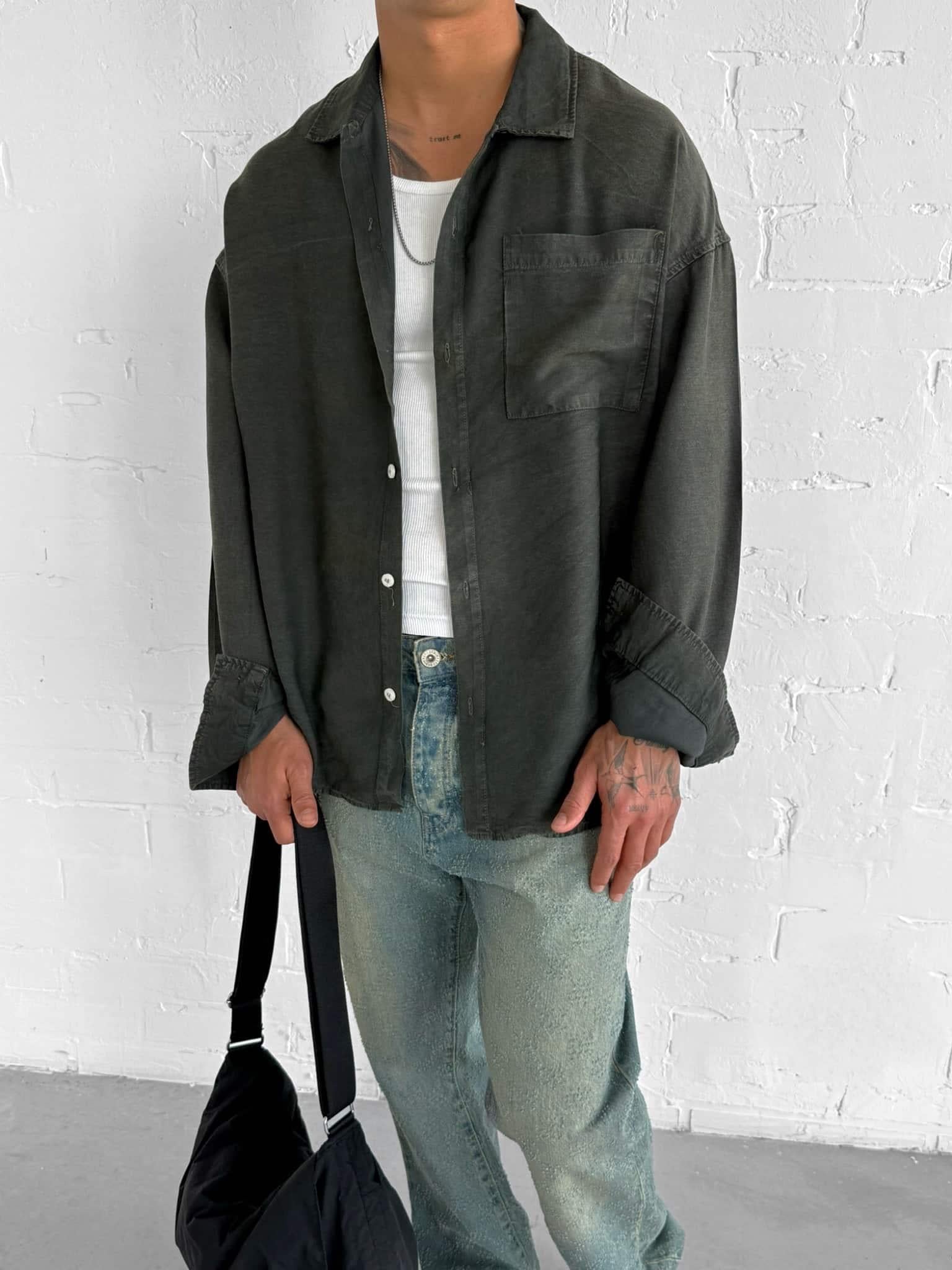 Erkek Oversize Yıkamalı Gömlek Haki · 6