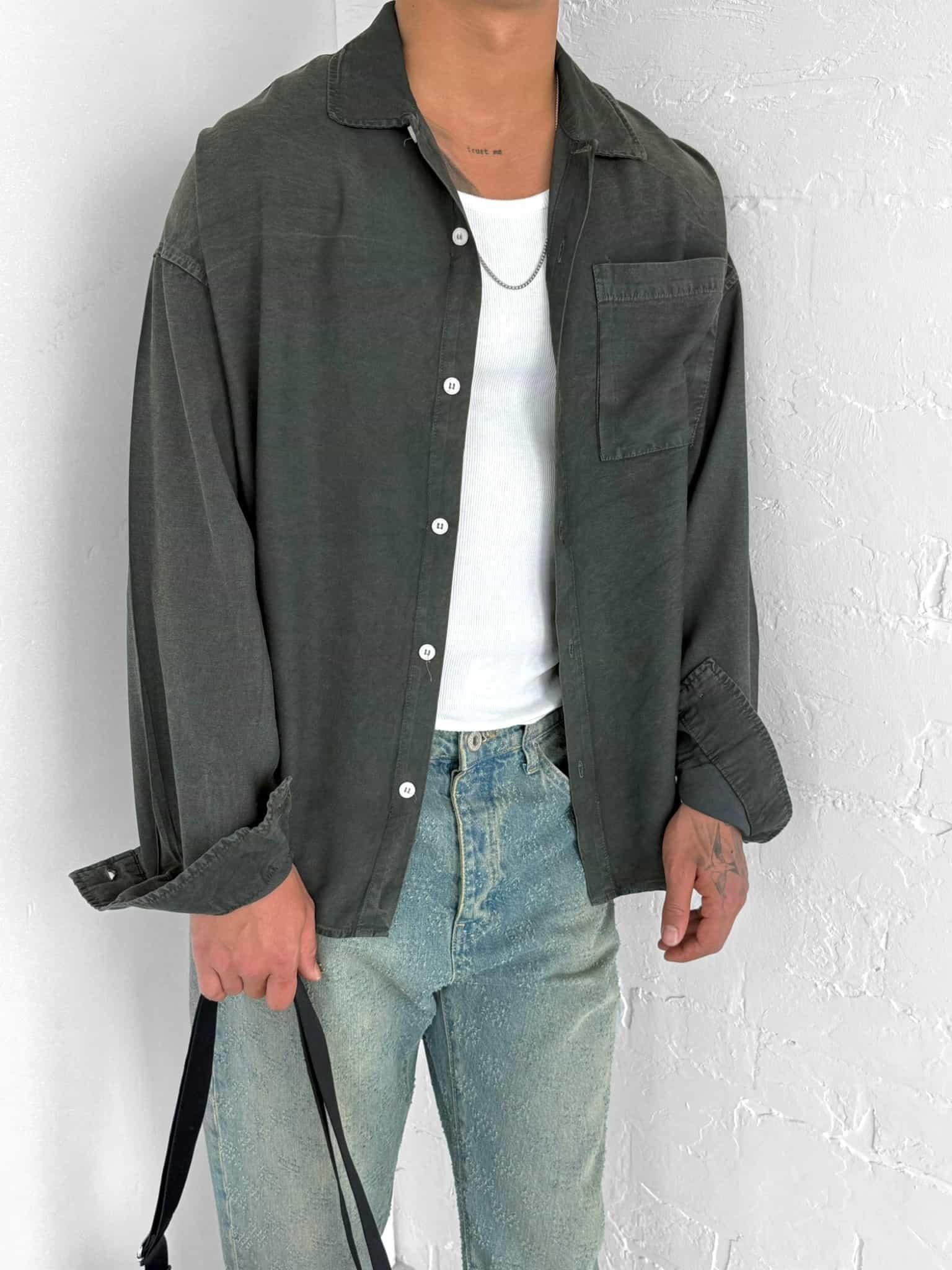 Erkek Oversize Yıkamalı Hafif ve Nefes Alabilen Gömlek Haki