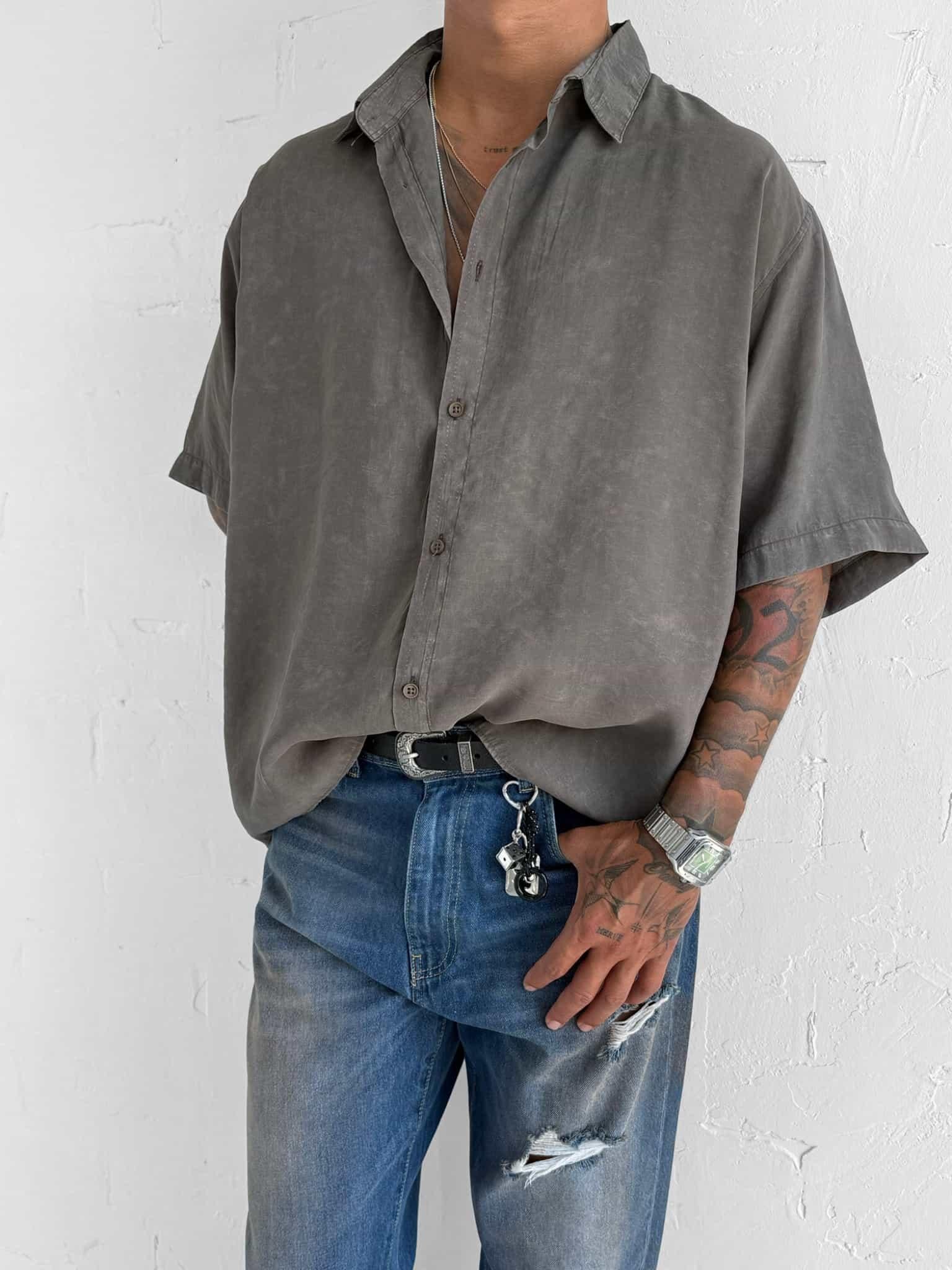 Erkek Oversize Yıkamalı Kısa Kollu Gömlek Haki Yeşil