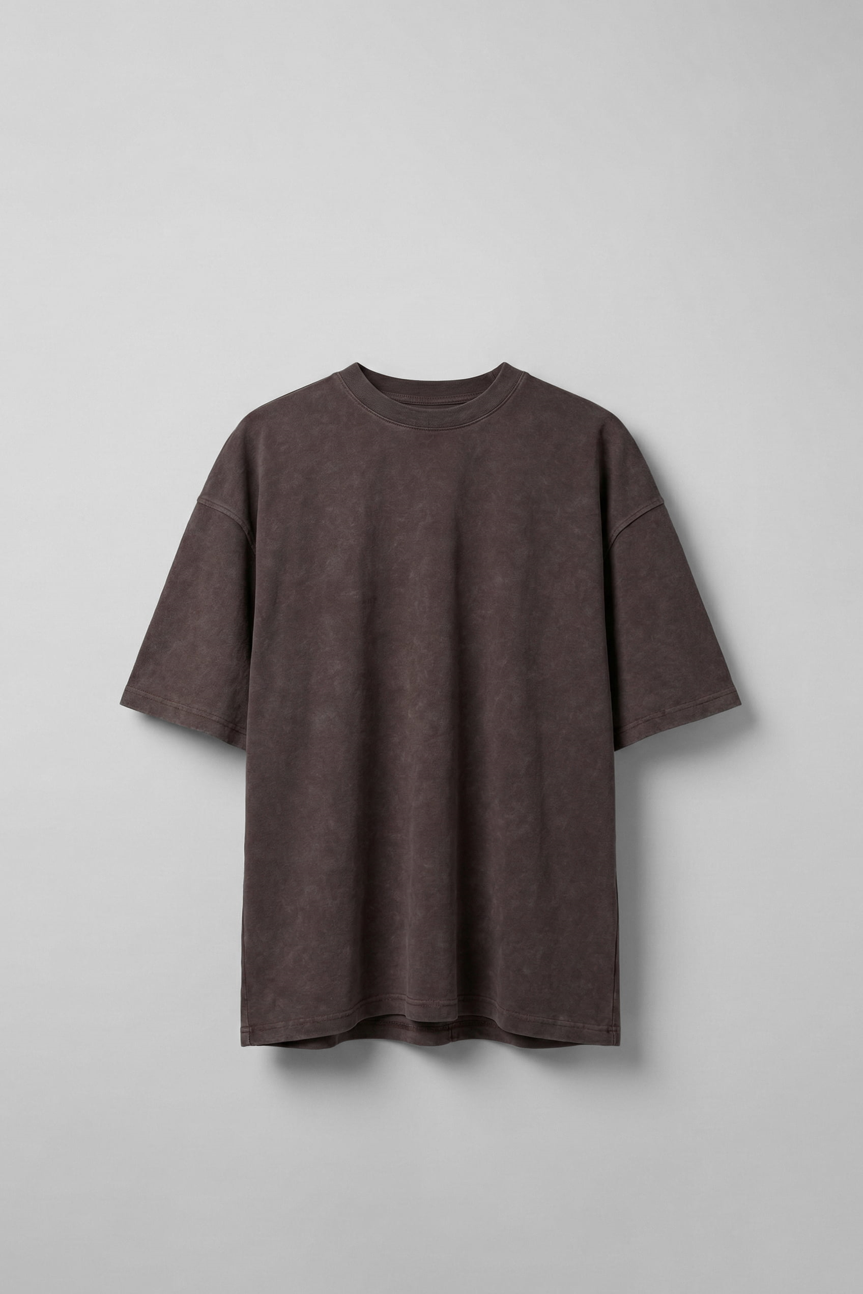 Erkek Oversize Yıkamalı Pamuklu Basic T-Shirt Kahverengi