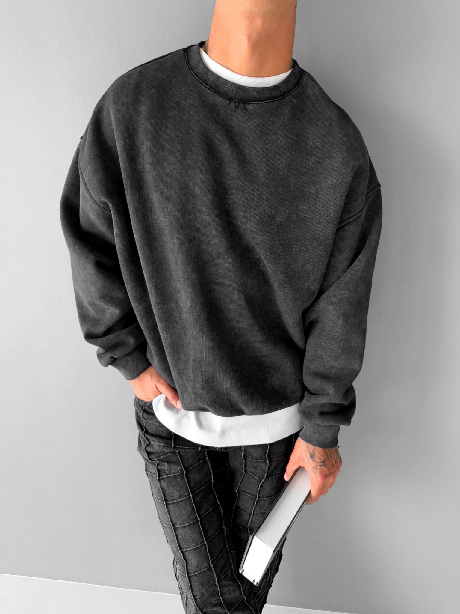 Erkek Oversize Yıkamalı Sweatshirt Siyah
