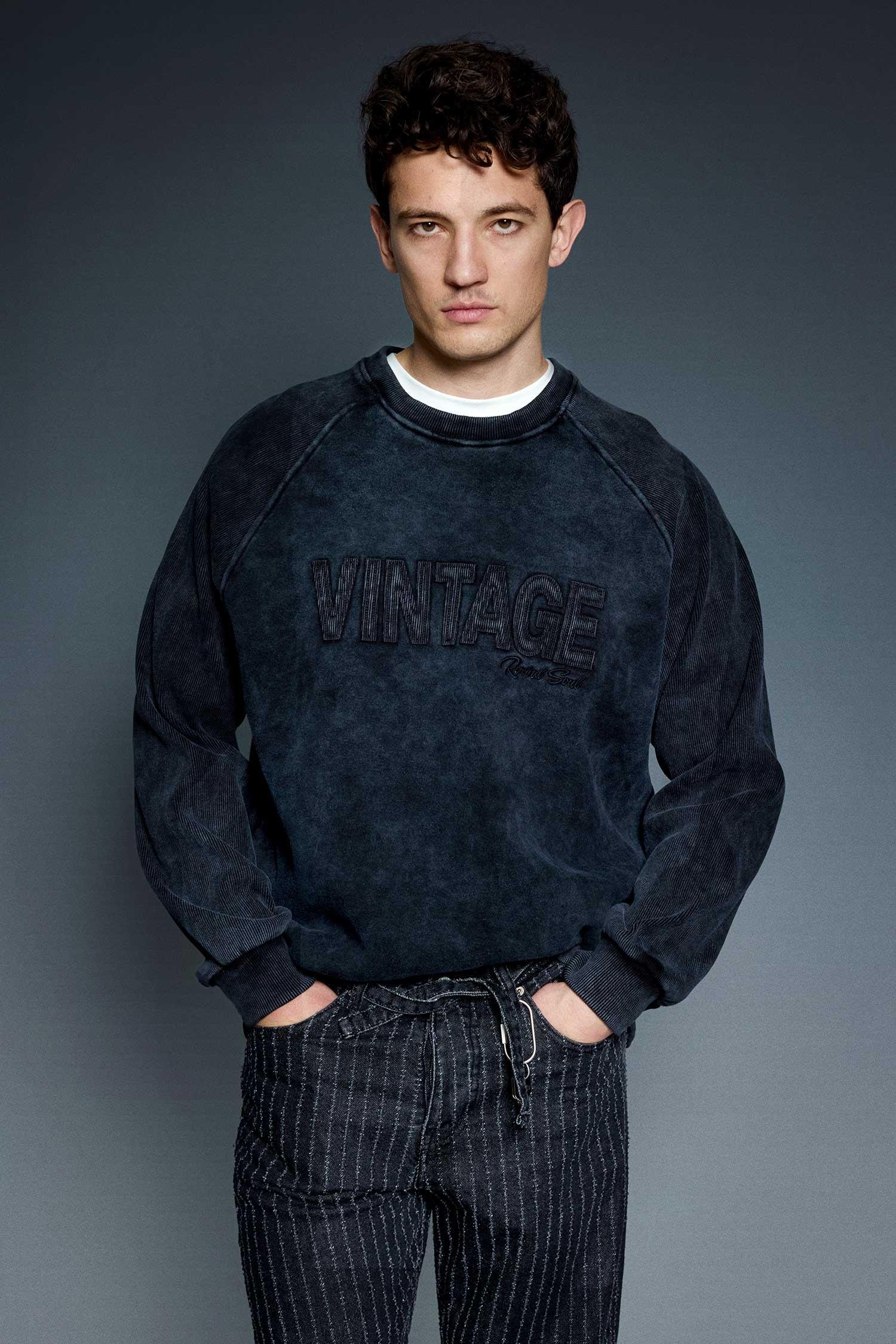 Erkek Oversize Yıkamalı Vintage Nakış Detaylı Sweatshirt Siyah