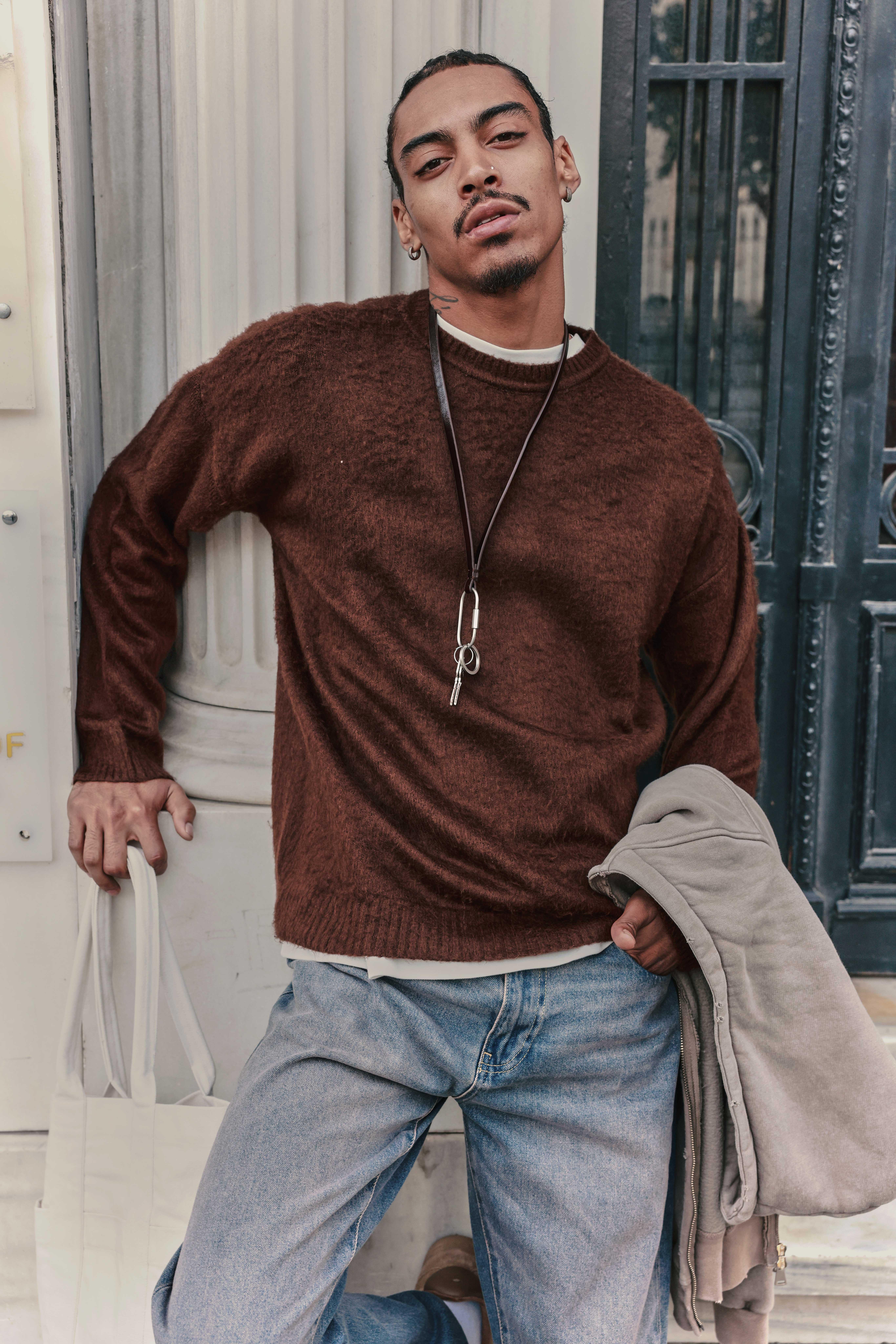 Erkek Oversize Yumuşak Dokulu Kazak Kahve