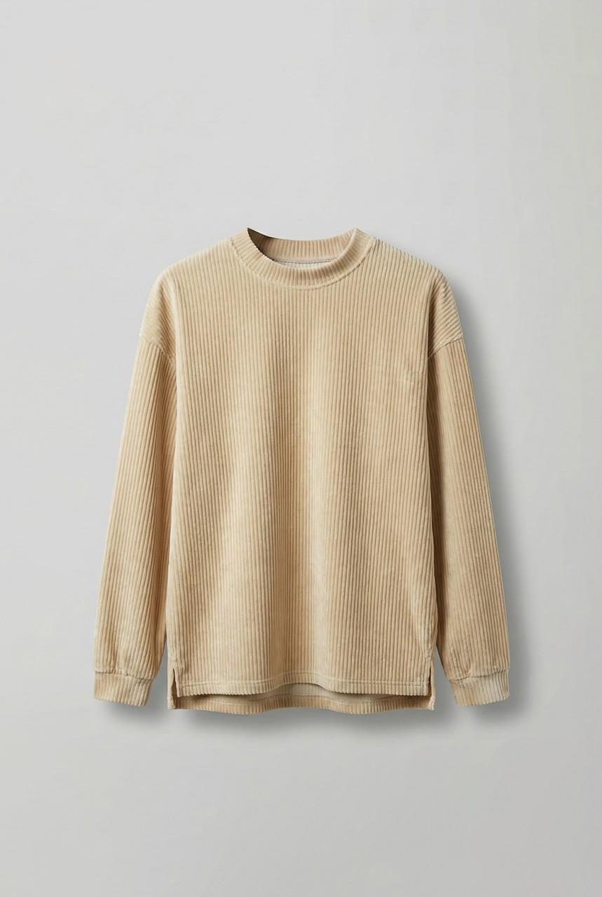 Erkek Oversize Yuvarlak Yaka Fitilli Kadife Sweatshirt Bej