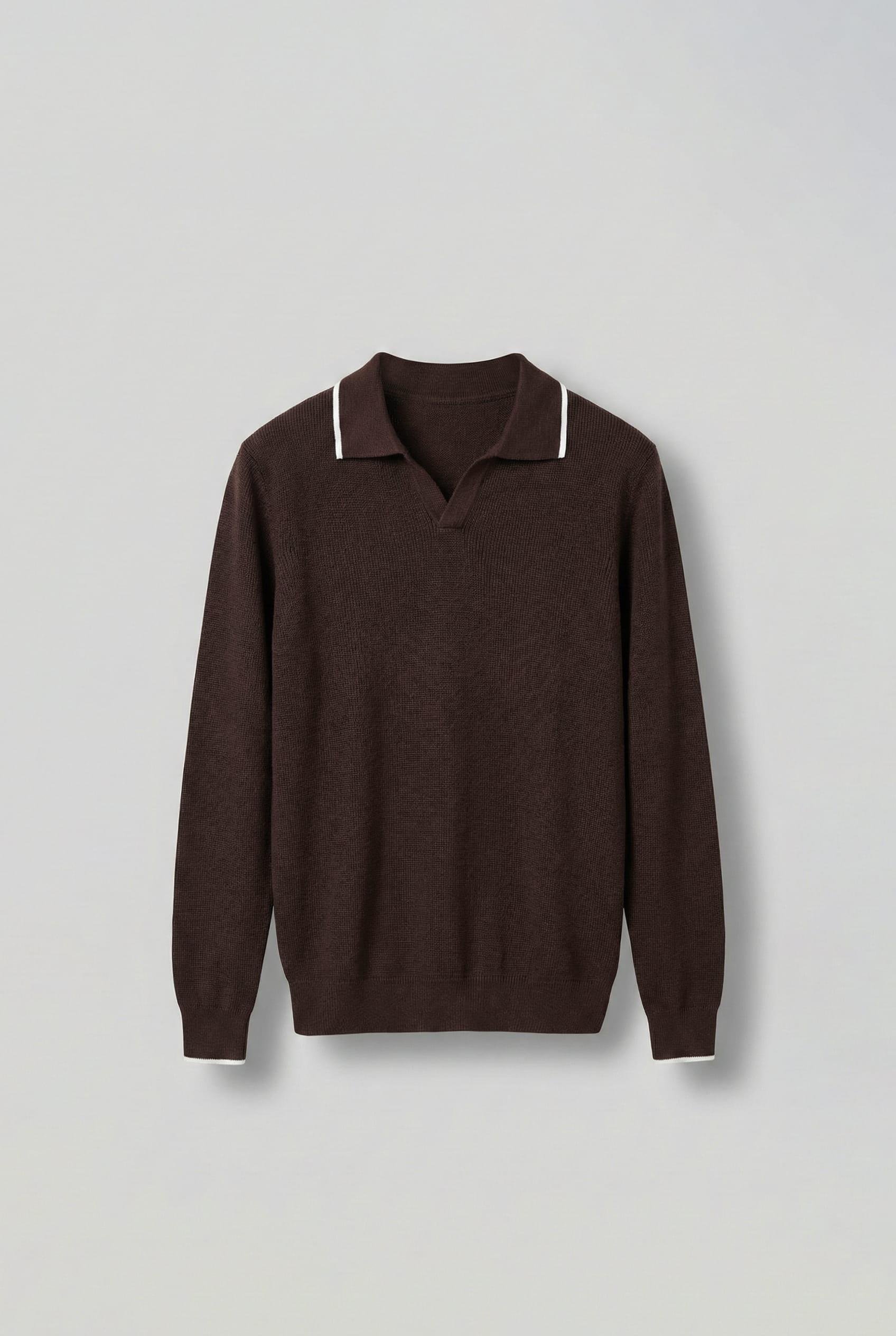 Erkek Polo Yaka İnce Fitilli Kazak Kahve