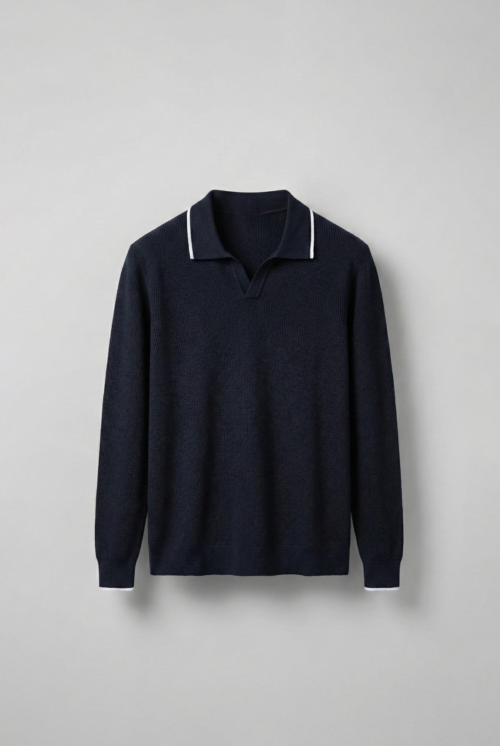 Erkek Polo Yaka İnce Fitilli Kazak Lacivert