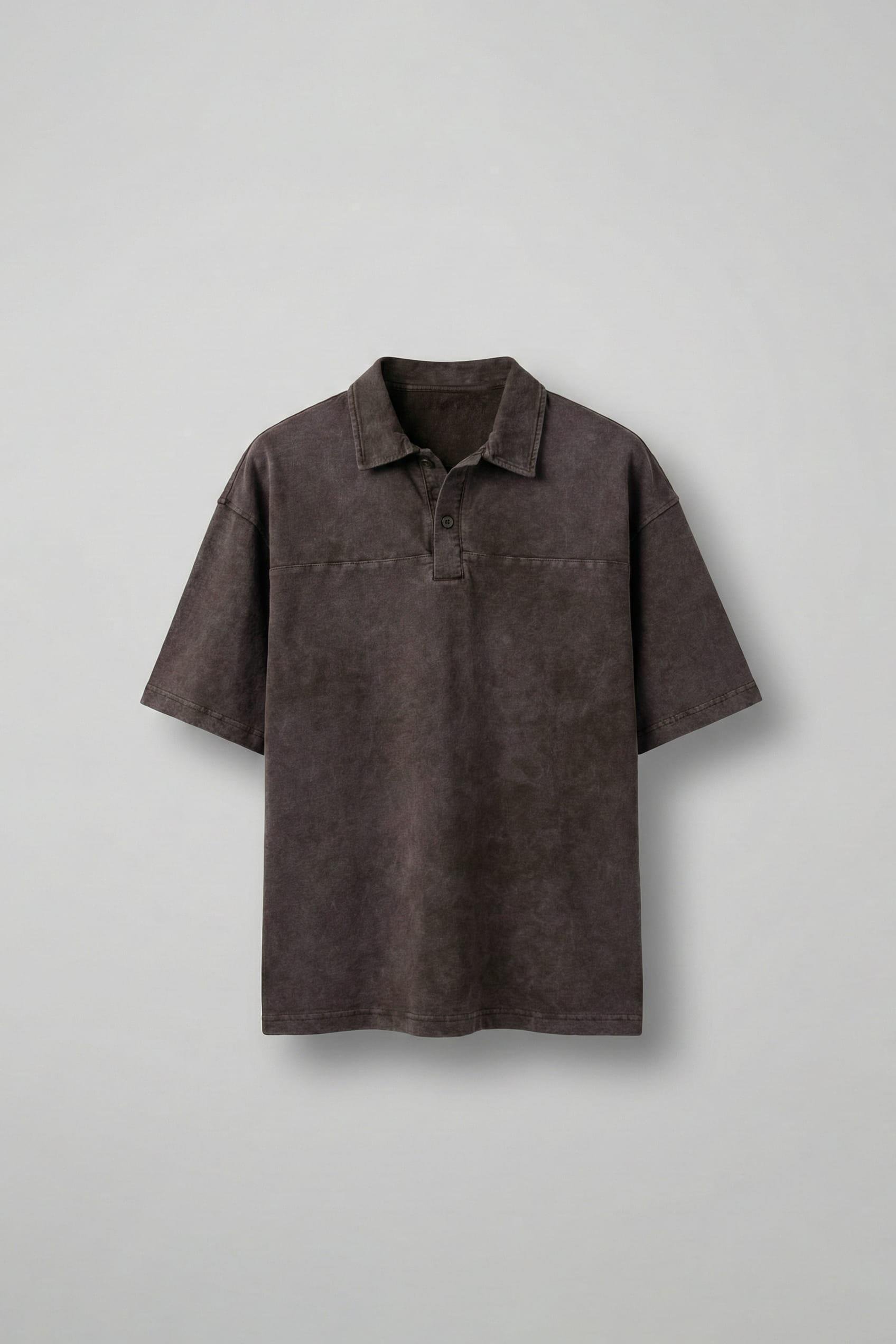 Erkek Polo Yaka Oversize Yıkamalı T-Shirt Kahve