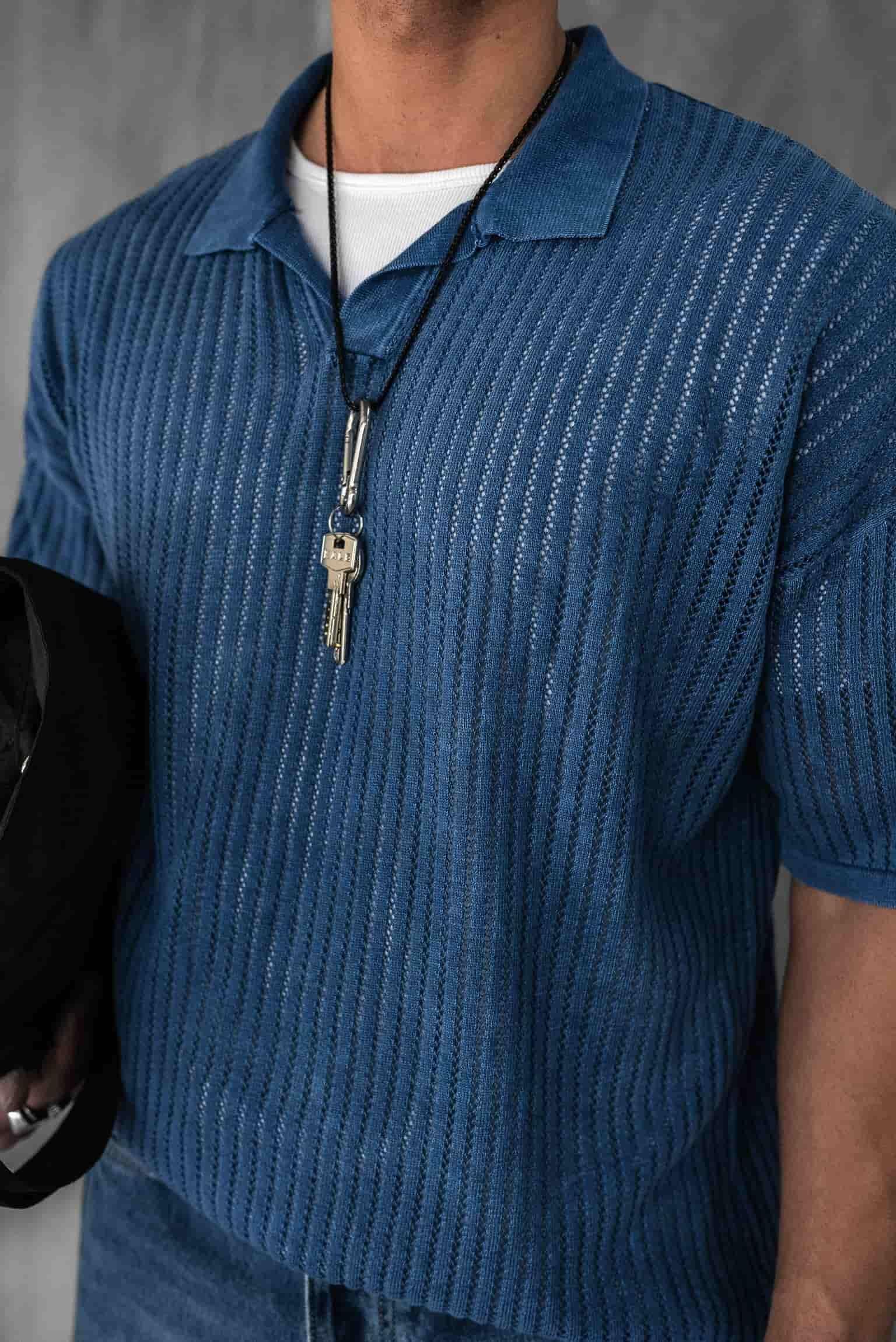 Erkek Polo Yaka Regular Fit Triko T-shirt Koyu Mavi · 3