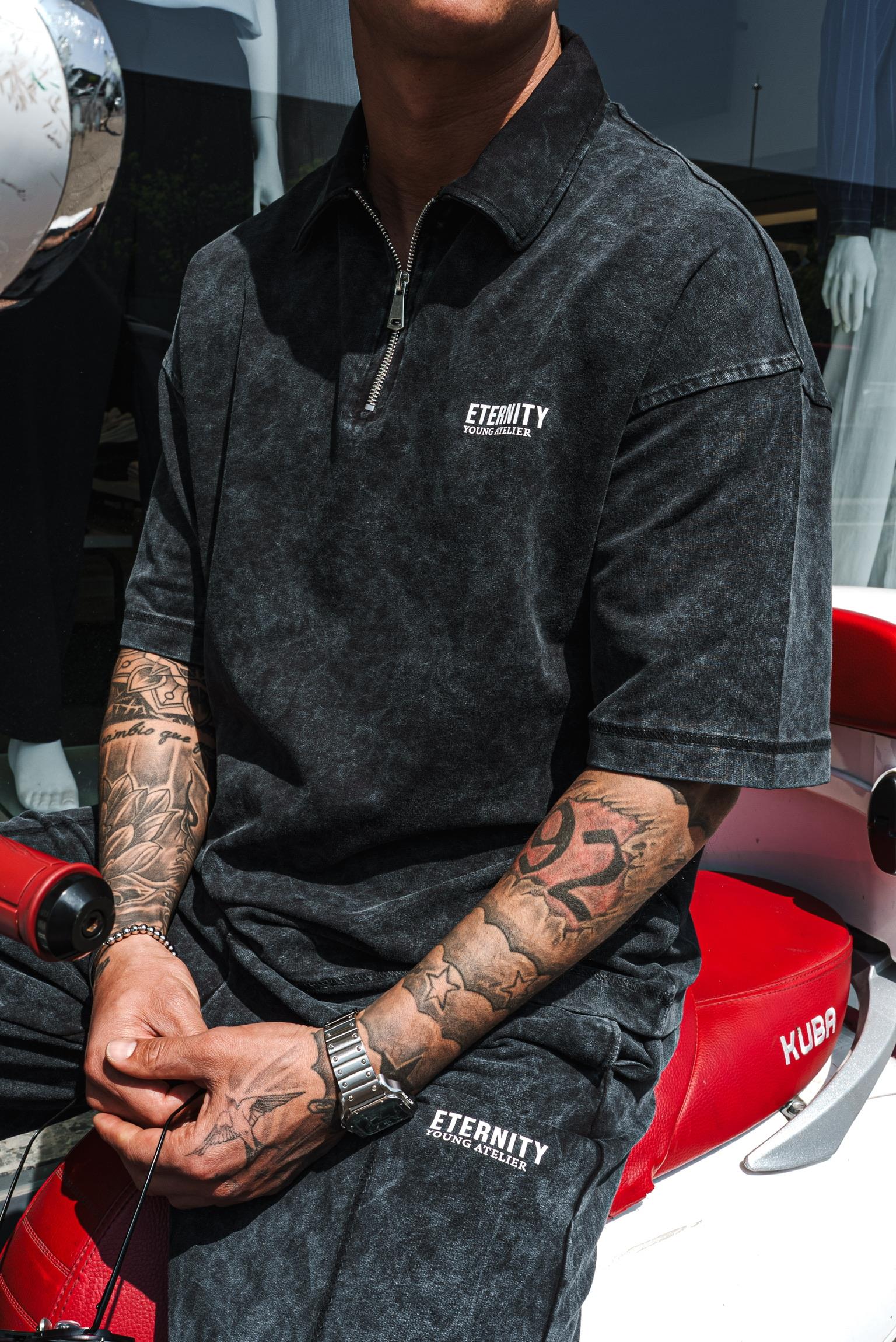 Erkek Polo Yaka Yıkamalı Oversize T-Shirt Siyah