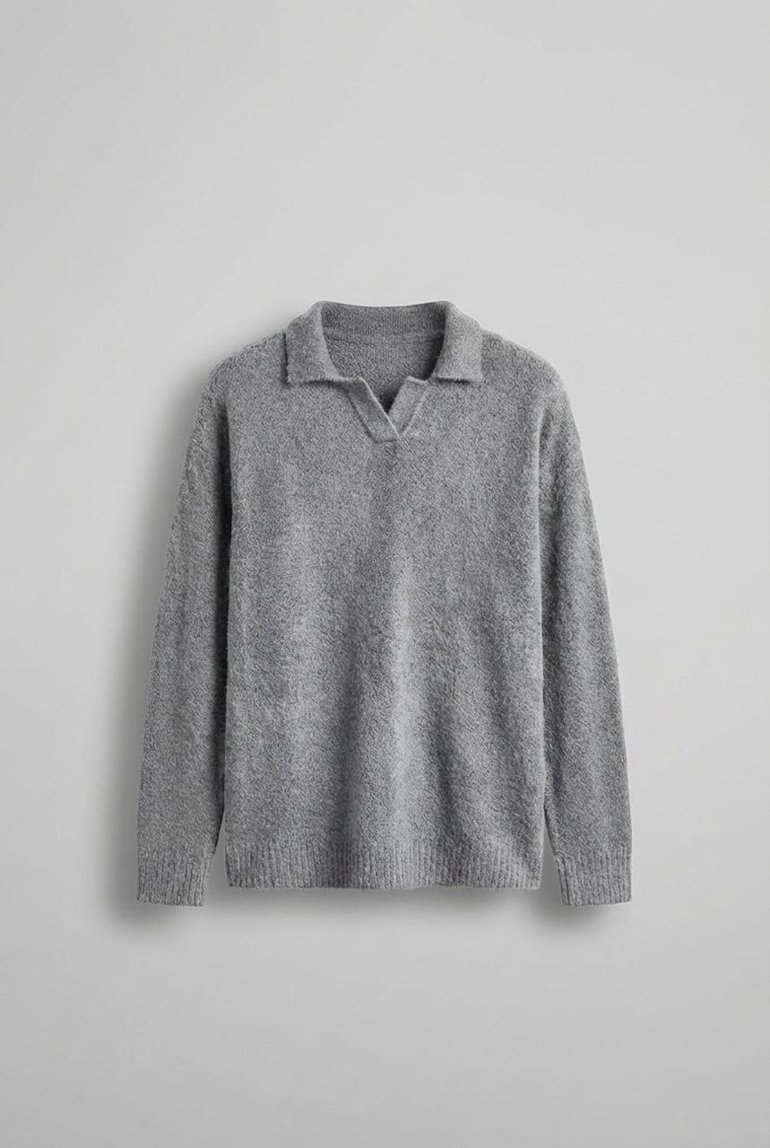 Erkek Polo Yaka Yumuşak Dokulu Oversize Kazak Gri