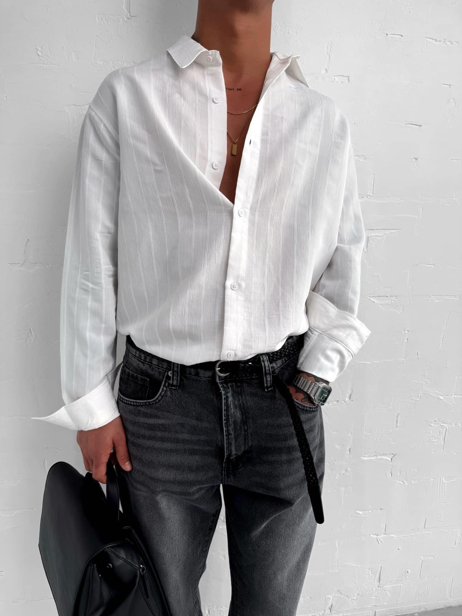 Erkek Premium Çizgili Pamuklu Oversize Gömlek Beyaz