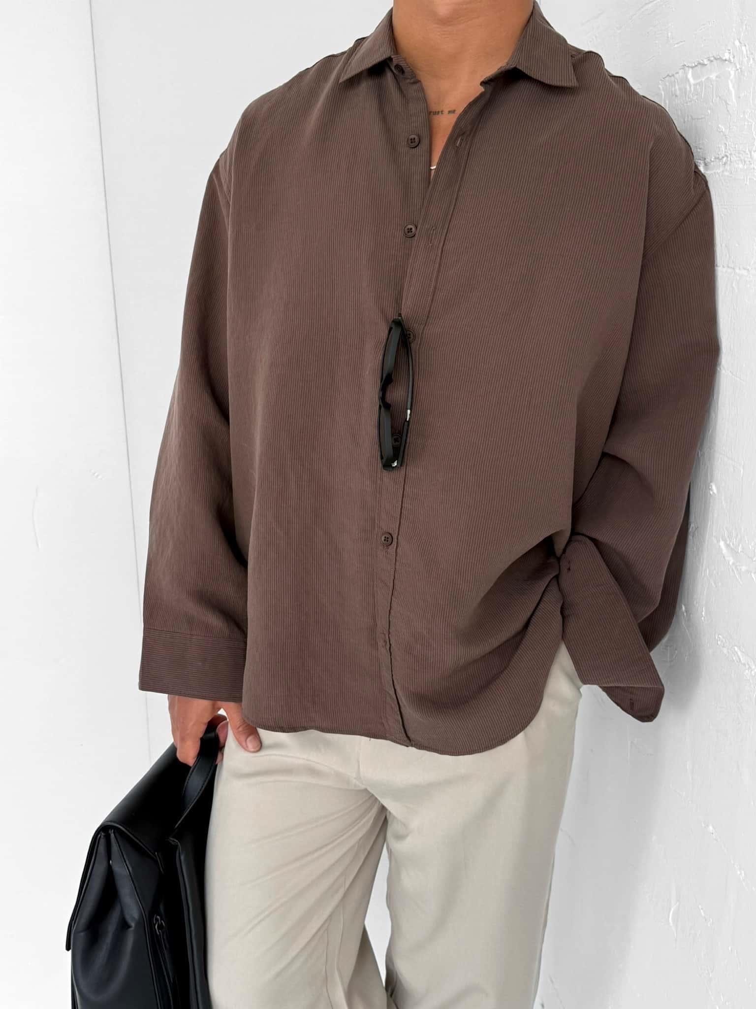 Erkek Premium Çizgili Uzun Kollu Oversize Gömlek Kahverengi