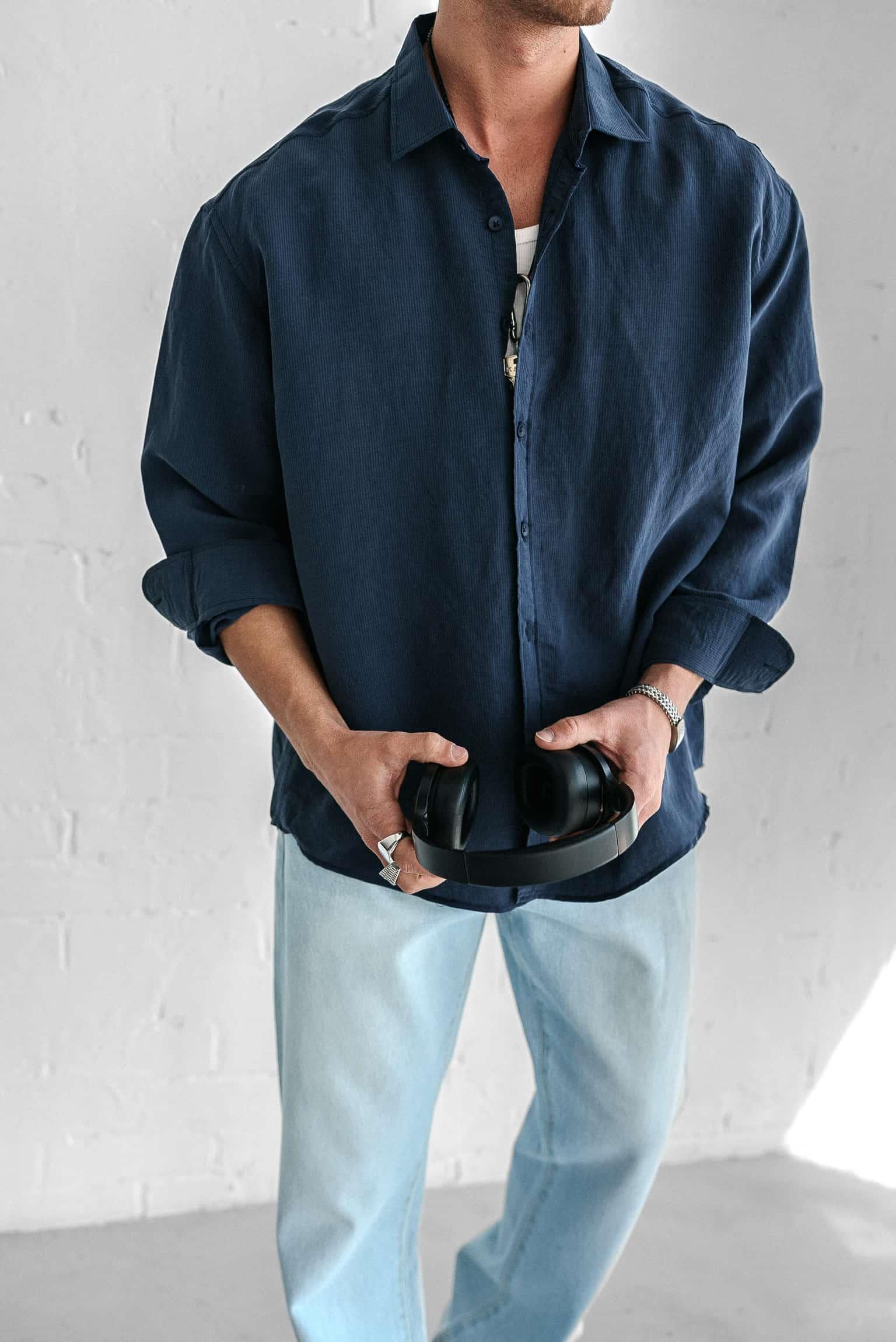 Erkek Premium Çizgili Uzun Kollu Oversize Gömlek Lacivert