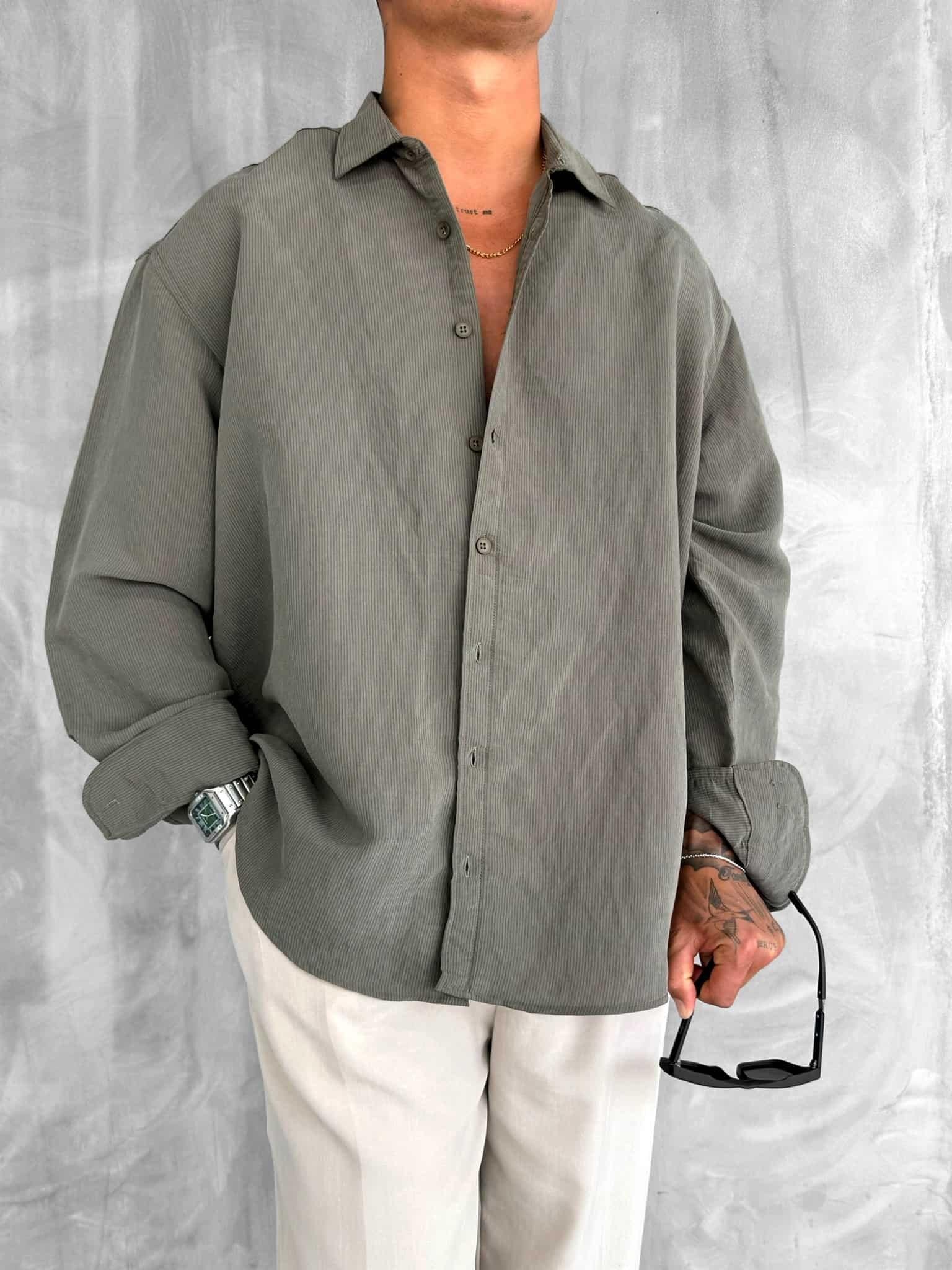 Erkek Premium Çizgili Uzun Kollu Oversize Gömlek Haki Yeşil