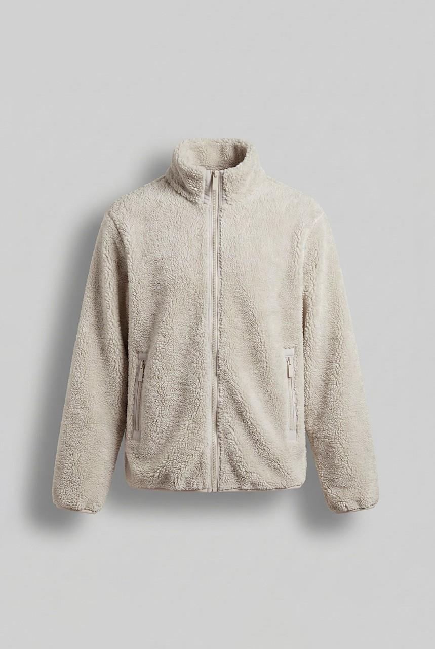 Erkek Rahat Kalıp Dik Yaka Fermuarlı Peluş Ceket Bej
