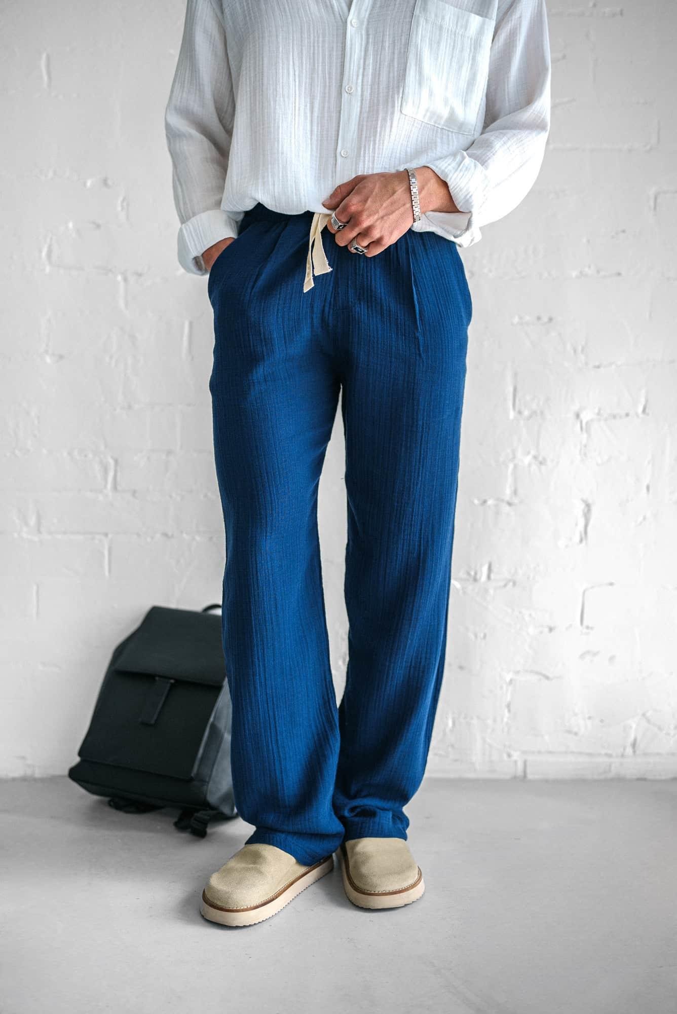 Erkek Rahat Kesim Baggy Fit Müslin Pantolon Lacivert