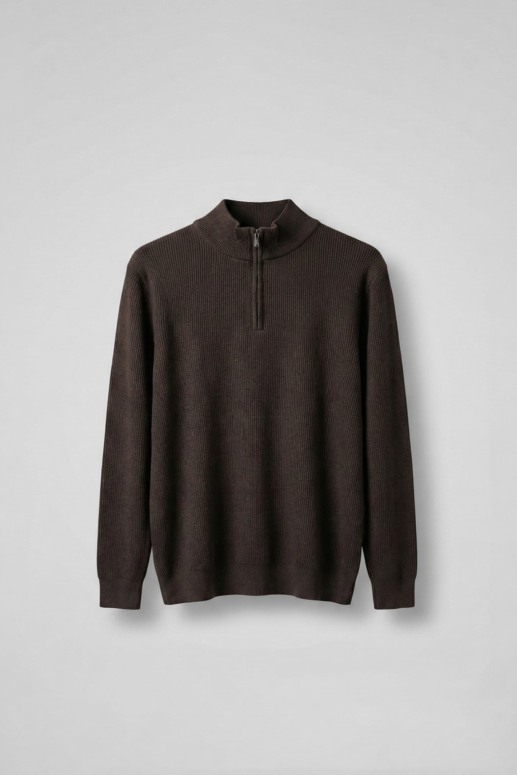 Erkek Regular Fit Fermuarlı Premium Kumaş Kazak Kahverengi