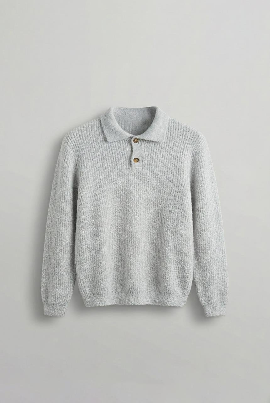 Erkek Relax Fit Düğmeli Dokulu Kazak Açık Gri