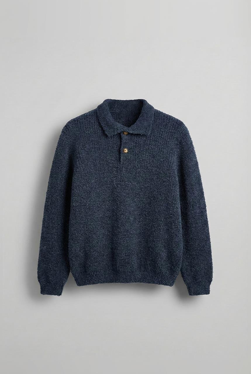 Erkek Relax Fit Düğmeli Dokulu Kazak Lacivert