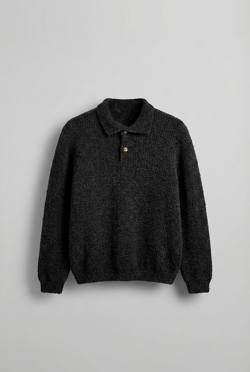 Erkek Relax Fit Düğmeli Dokulu Kazak Siyah