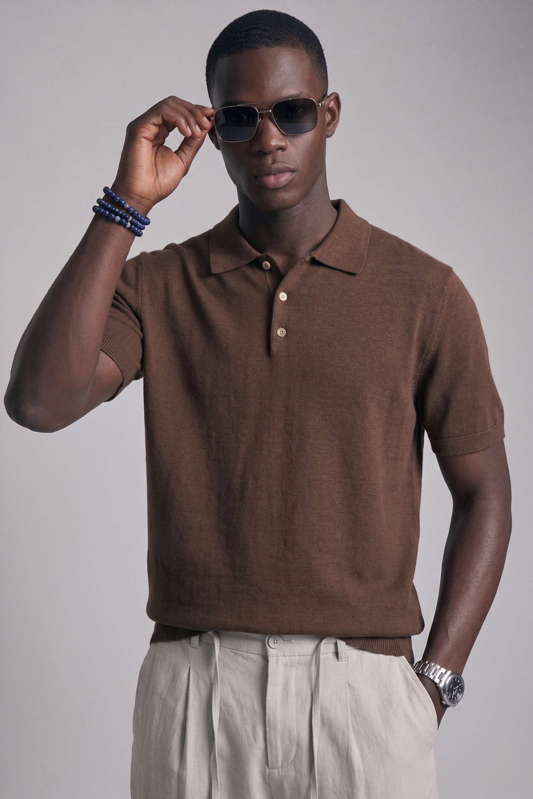 Erkek Relaxed Fit Dökümlü Polo Yaka Triko T-Shirt Kahverengi | ABLUKA