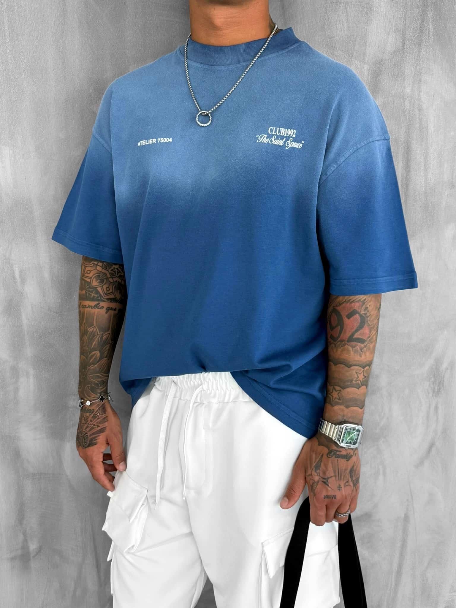 Erkek Renk Geçişli Baskılı Oversize Yıkamalı T-Shirt Mavi - Modern