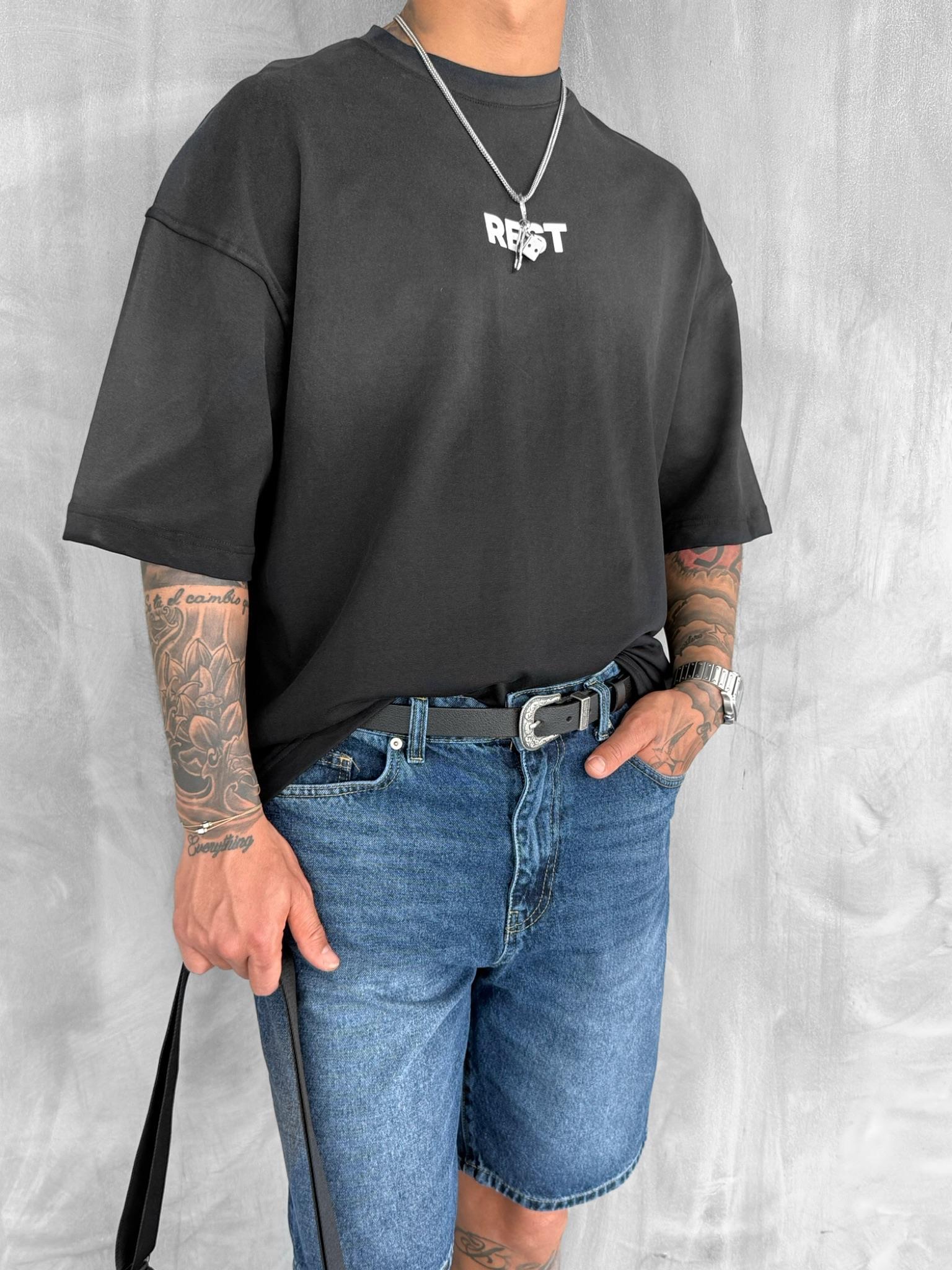 Erkek Rest Baskılı Oversize Yıkamalı T-Shirt Siyah