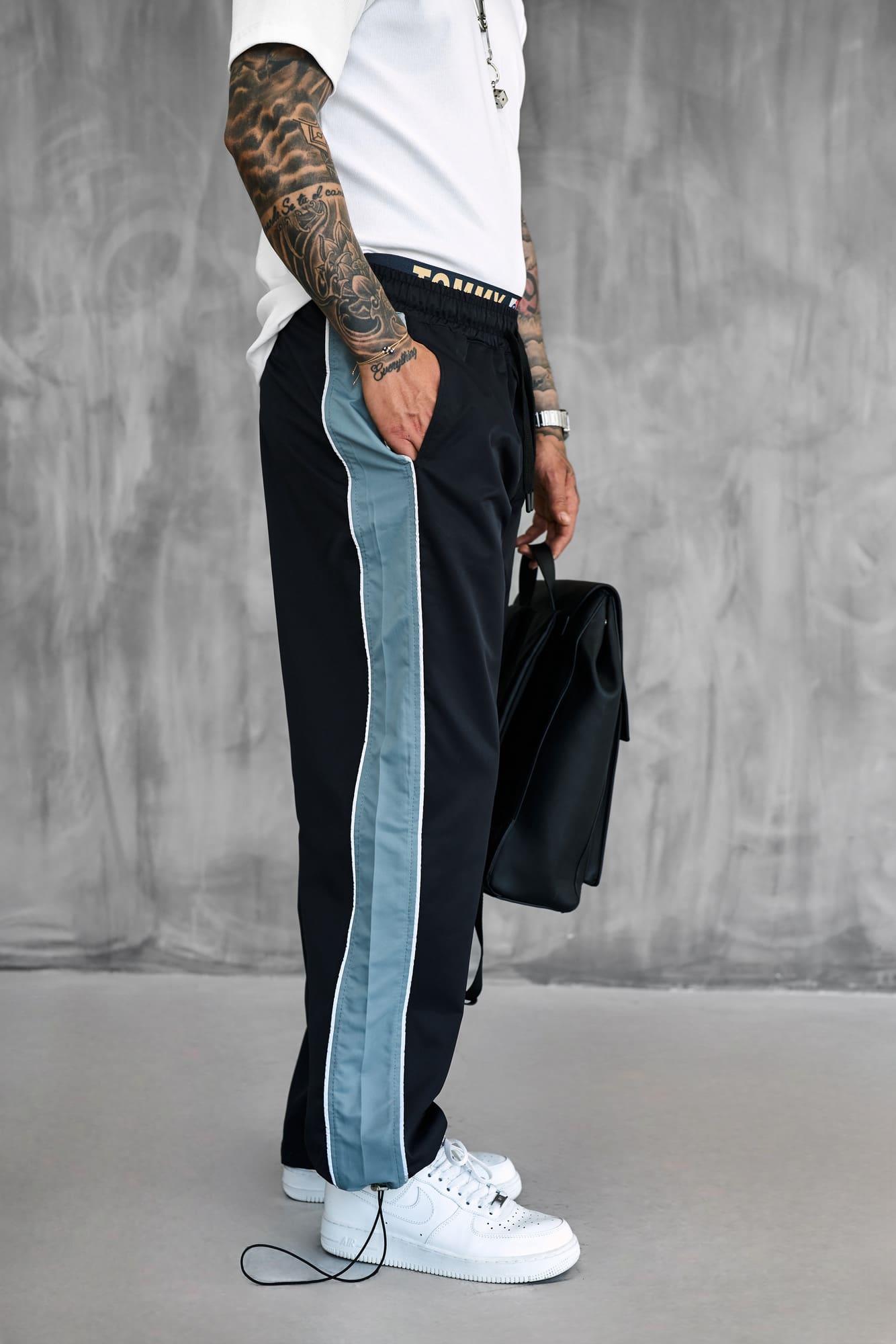 Erkek Şeritli Baggy Fit Teknik Pantolon Siyah · 2