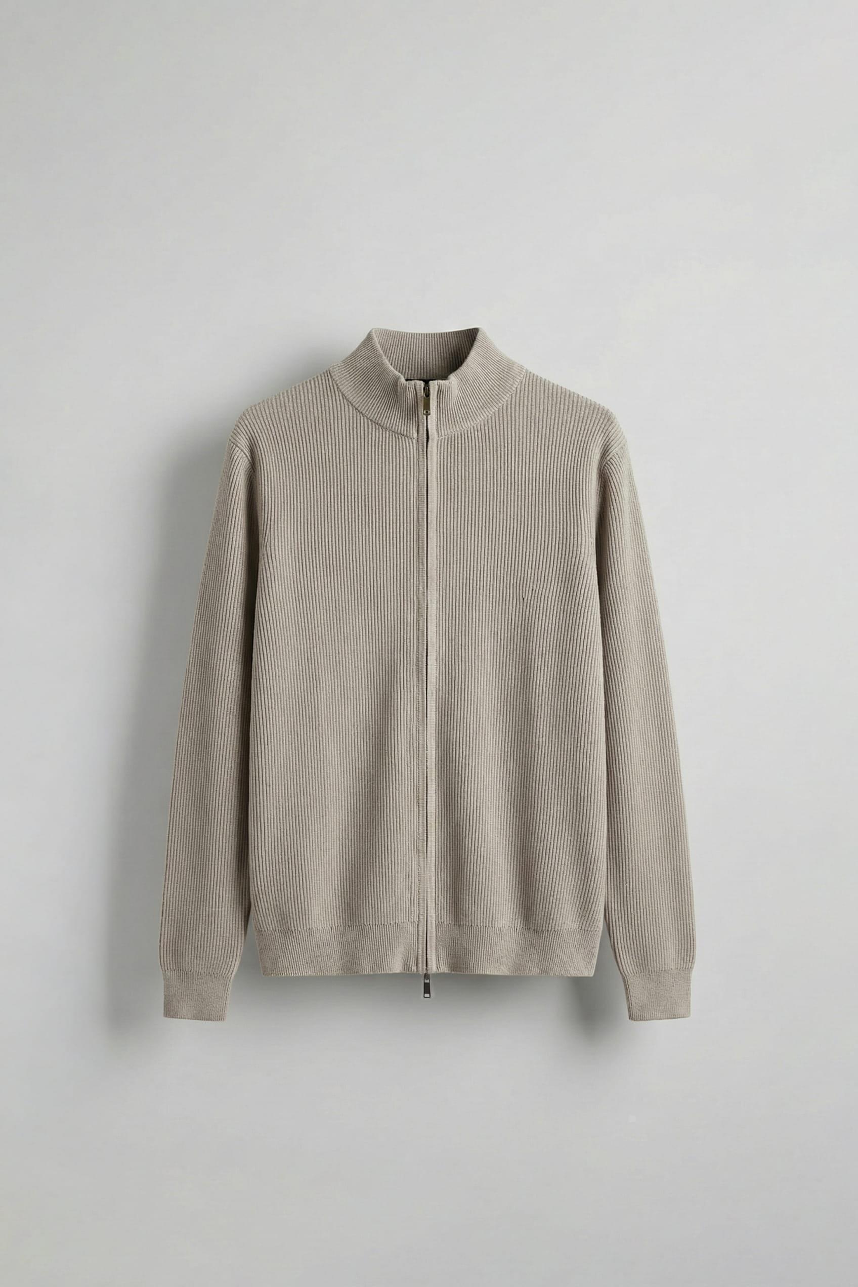 Erkek Slim Fit Fermuarlı Dik Yaka Fitilli Triko Hırka Taş Rengi