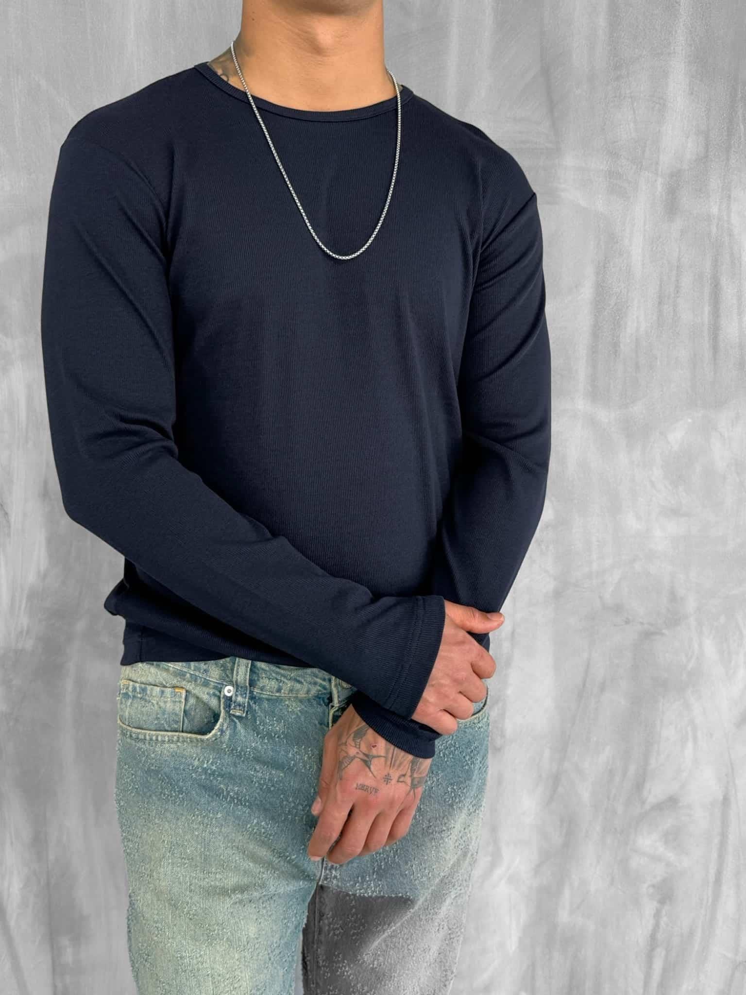 Erkek Slim Fit Fitilli Basic Esnek Uzun Kollu T-Shirt Lacivert