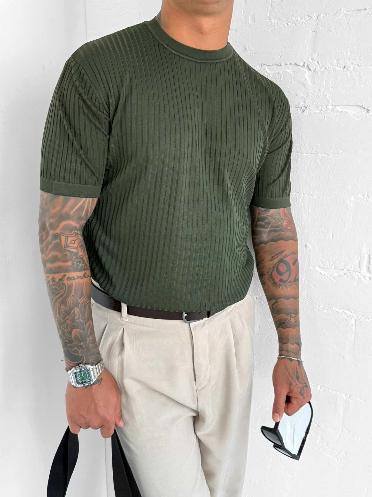 Erkek Slim Fit Fitilli T-Shirt Haki Yeşil