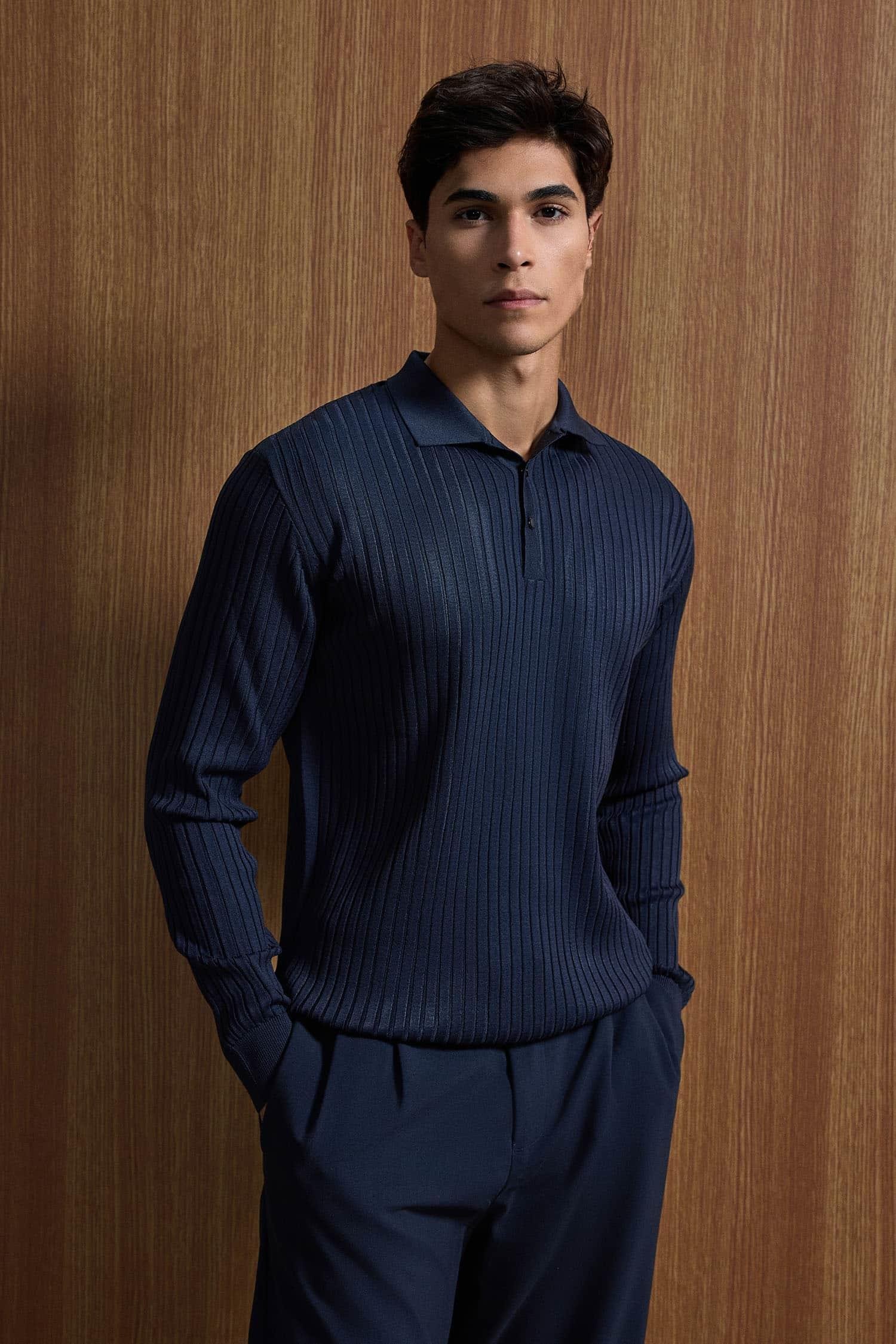 Erkek Slim Fit Polo Yaka Fitilli Örme Triko Kazak Lacivert