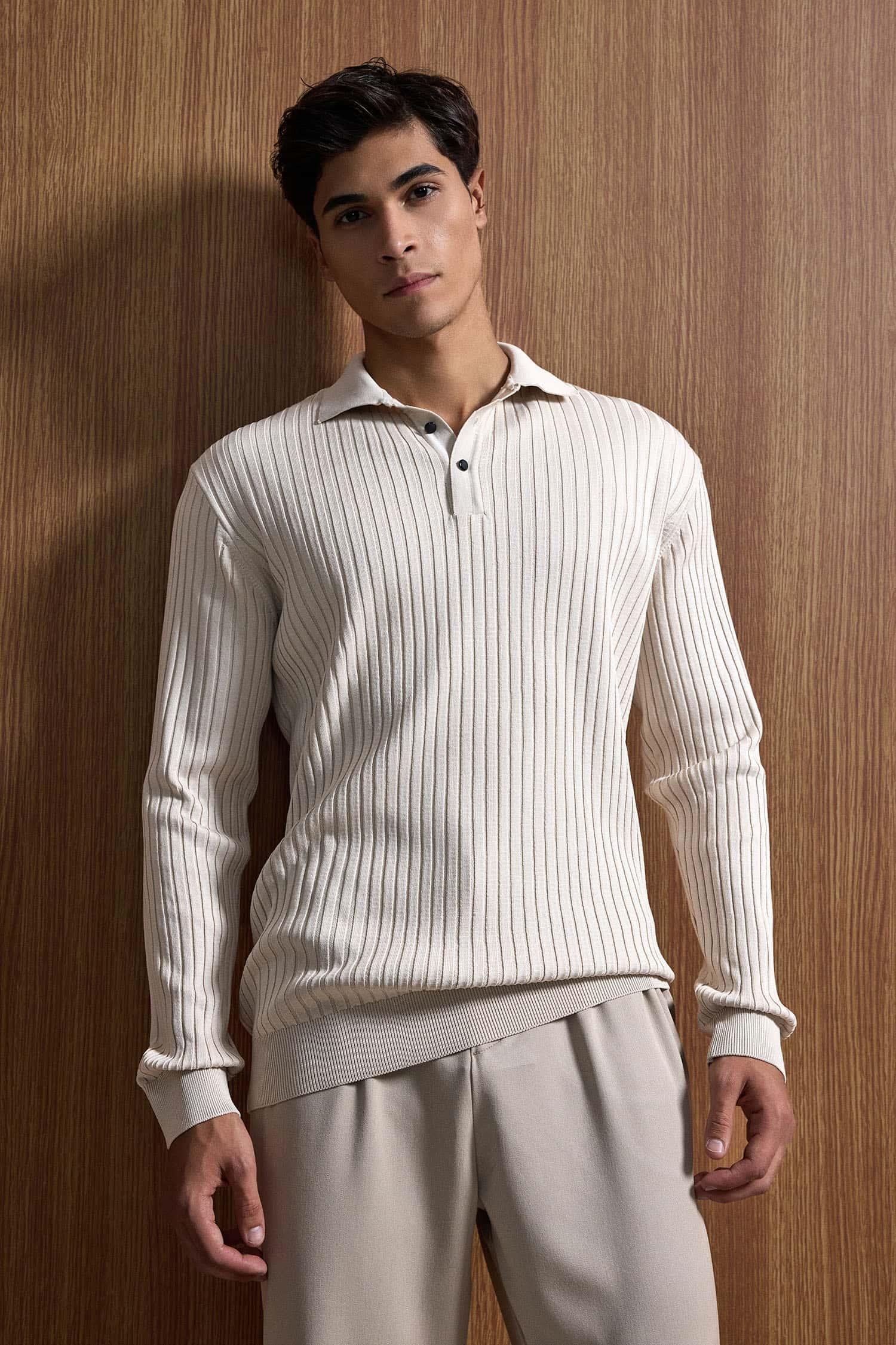 Erkek Slim Fit Polo Yaka Fitilli Örme Triko Kazak Taş Rengi