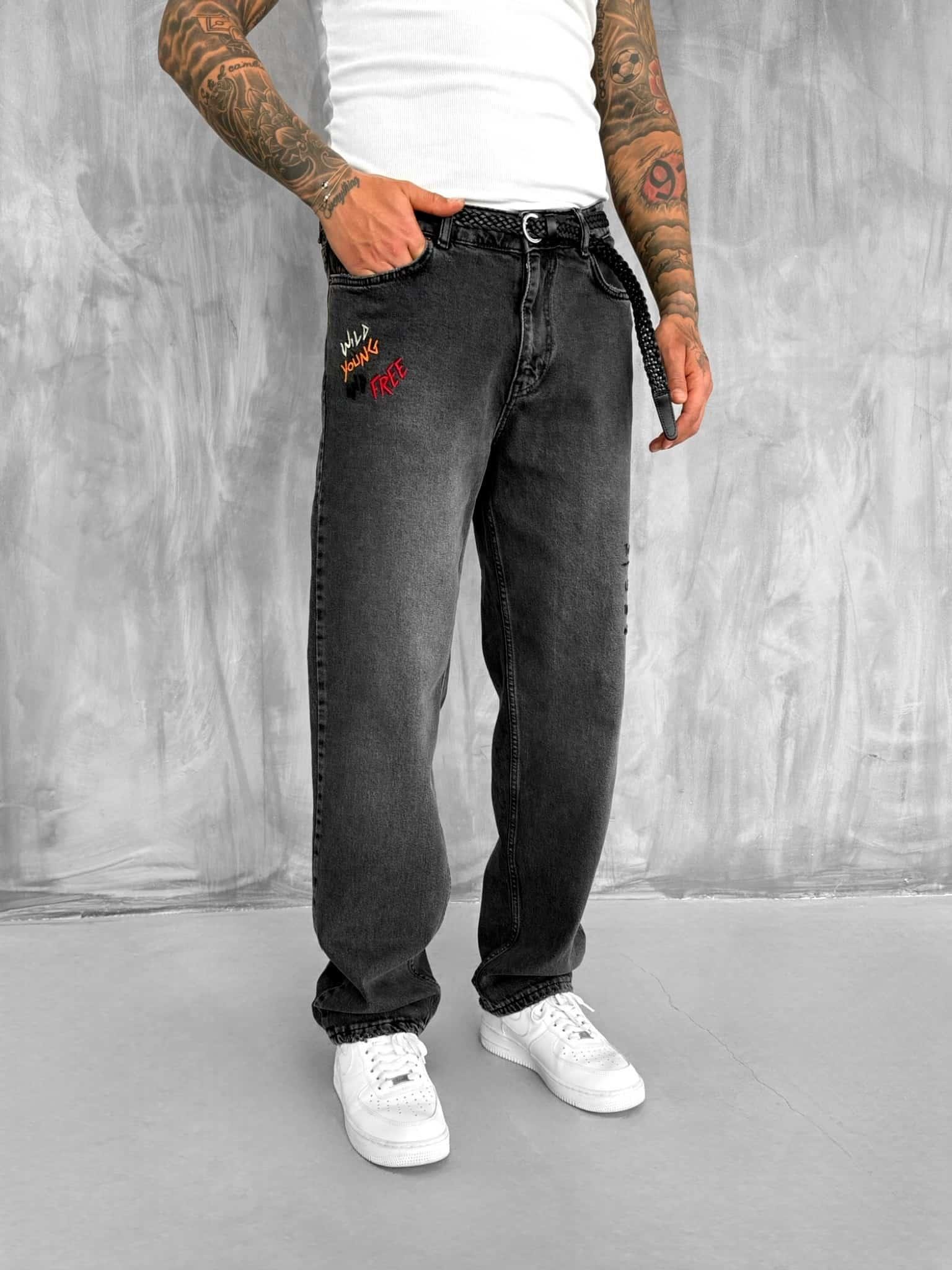 Erkek Slogan İşlemeli Baggy Jean Pantolon Siyah