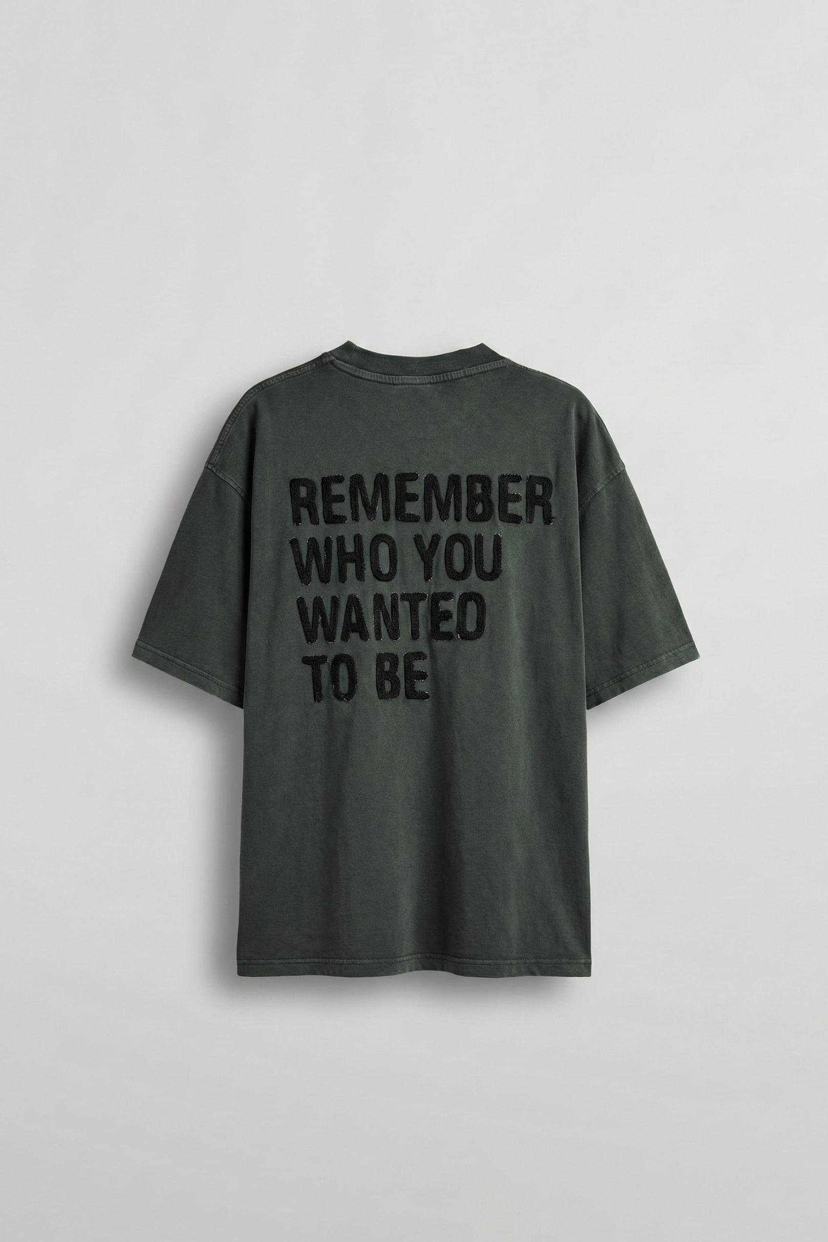 Erkek Slogan İşlemeli Yıkamalı Oversize T-Shirt Yeşil