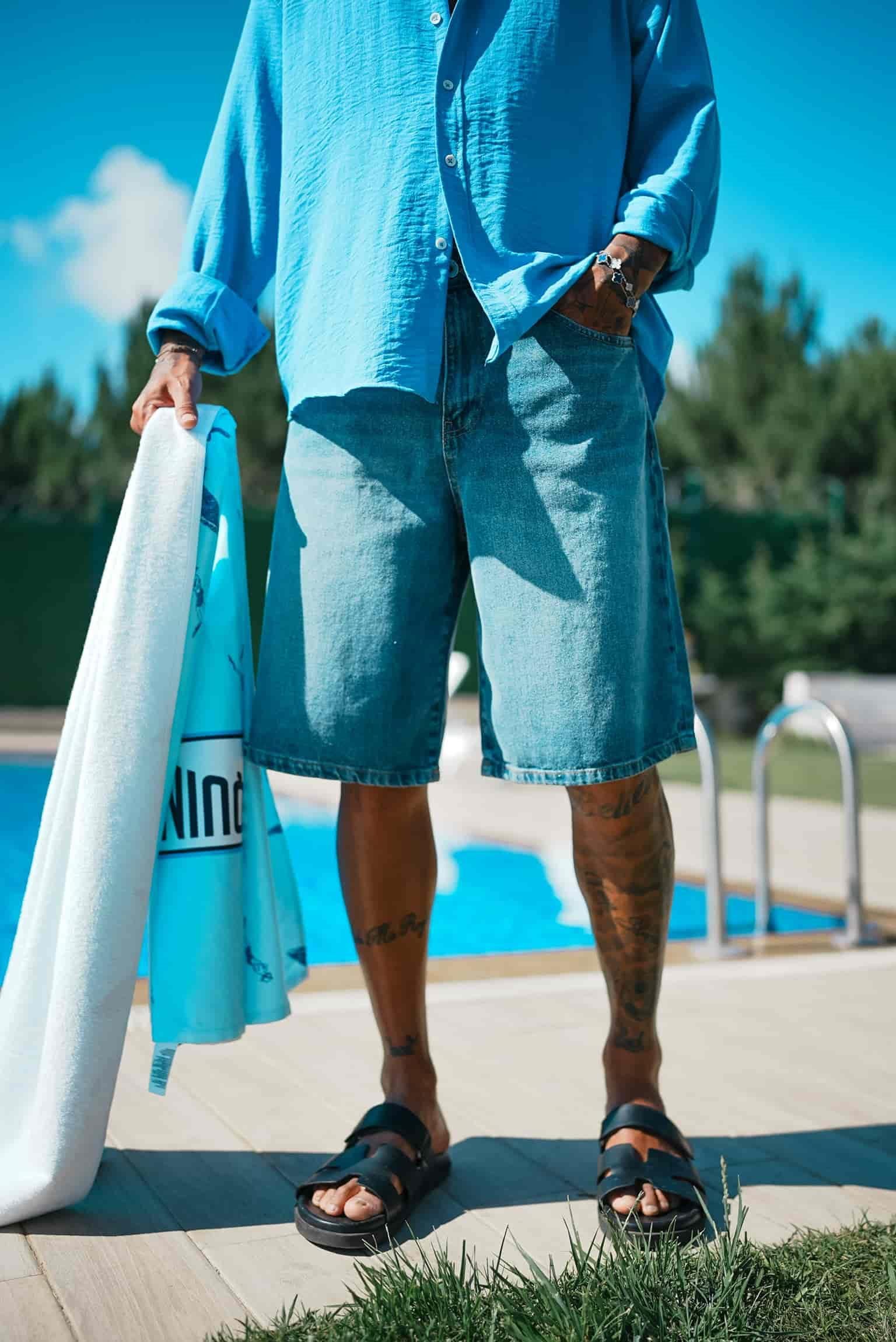 Erkek Süper Baggy Fit Bermuda Jean Şort Mavi