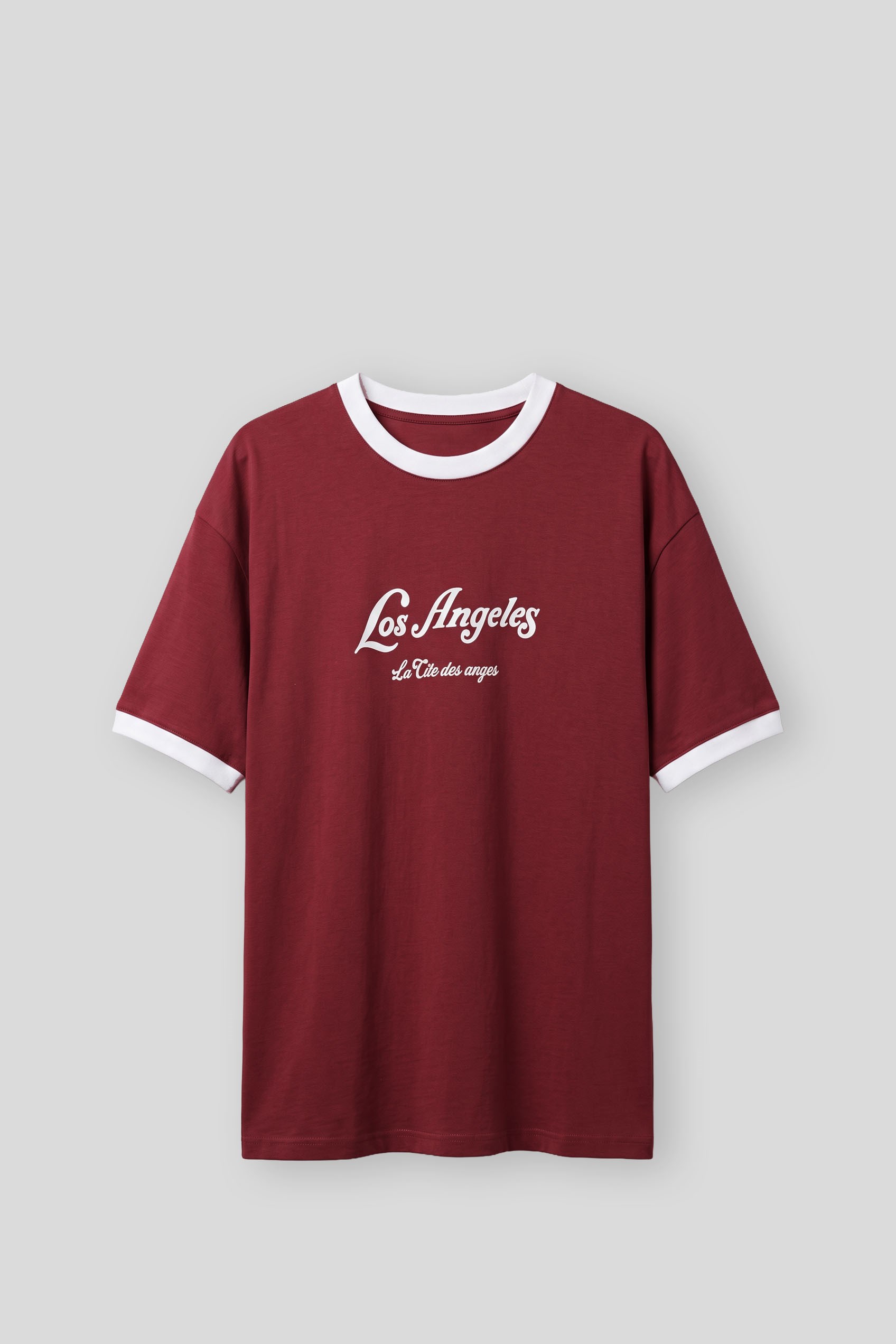 Erkek Süper Oversize LA Baskılı T-Shirt Bordo | ABLUKA