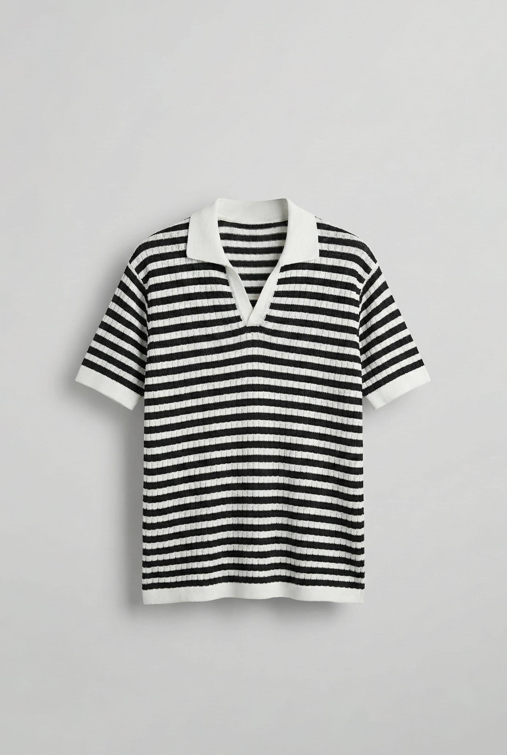 Erkek Triko Polo Yaka Çizgili T-Shirt Siyah